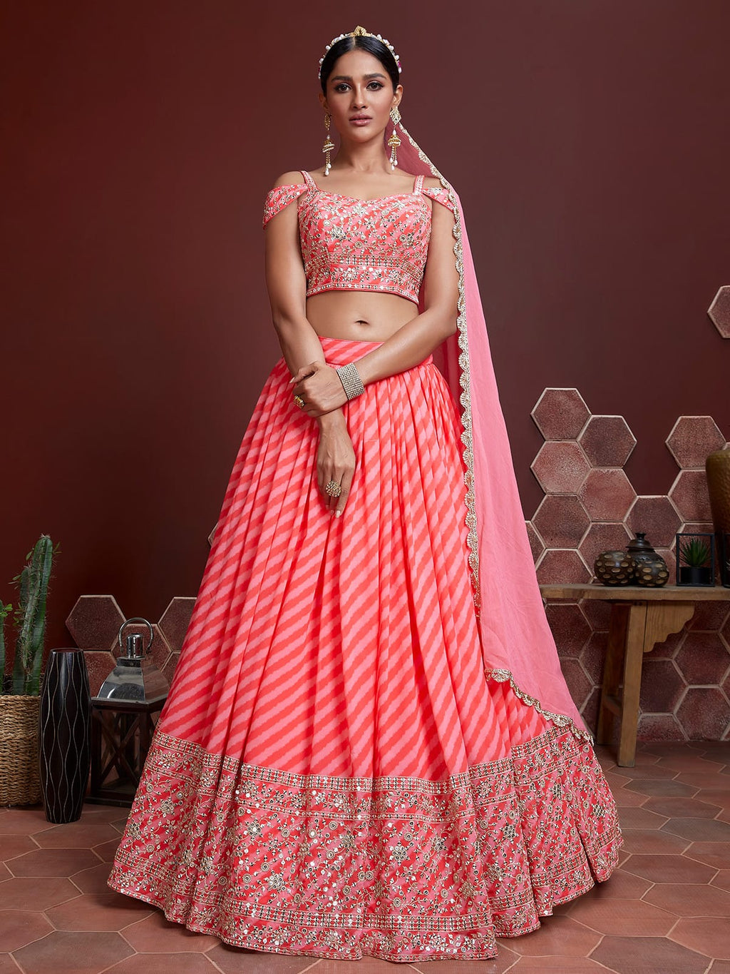 Peach Organza Silk lehenga choli with heavy zari and sequins embroidery