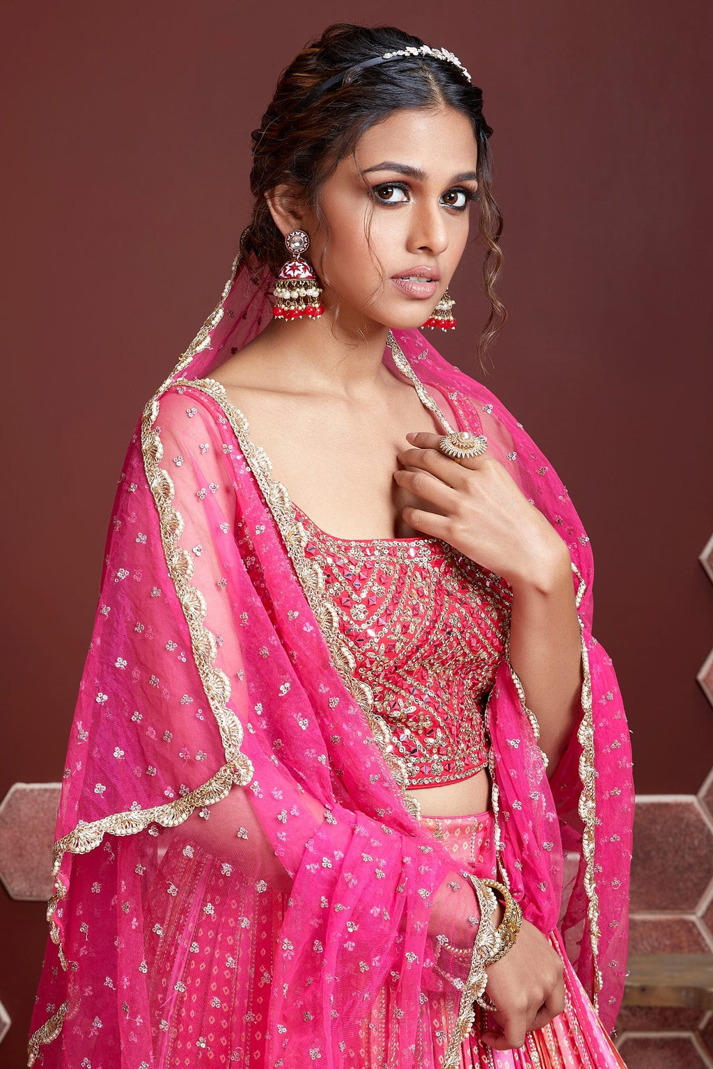 Pink Pure Chinon Silk Lehenga Choli with Heavy Embroidery and Mirror