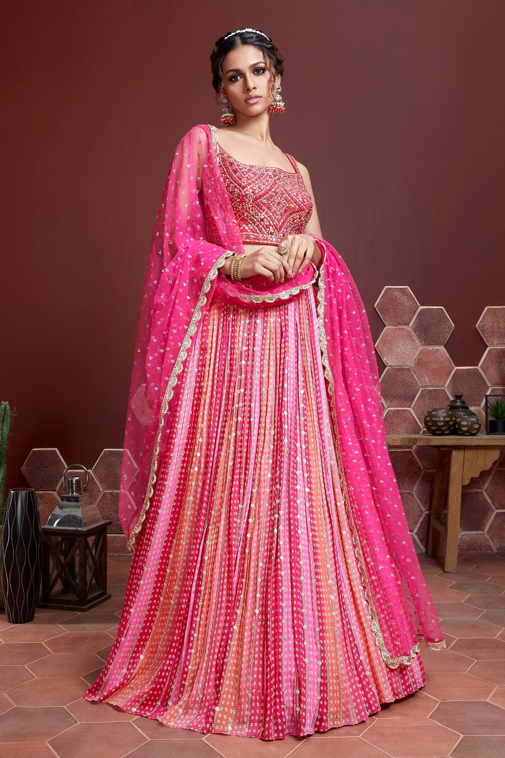 Pink Pure Chinon Silk lehenga choli with heavy embroidery and real mirror work