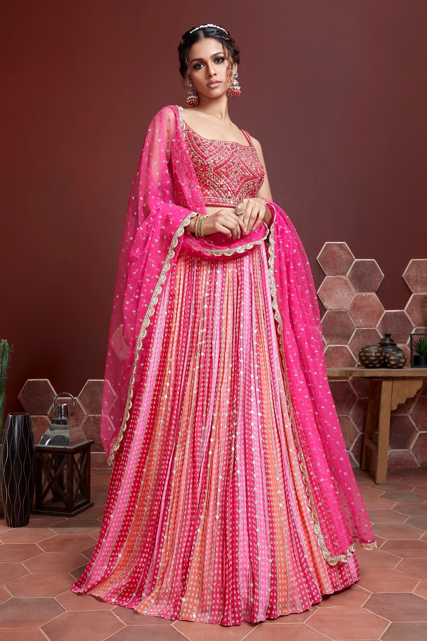 Pink Pure Chinon Silk lehenga choli with heavy embroidery and real mirror work