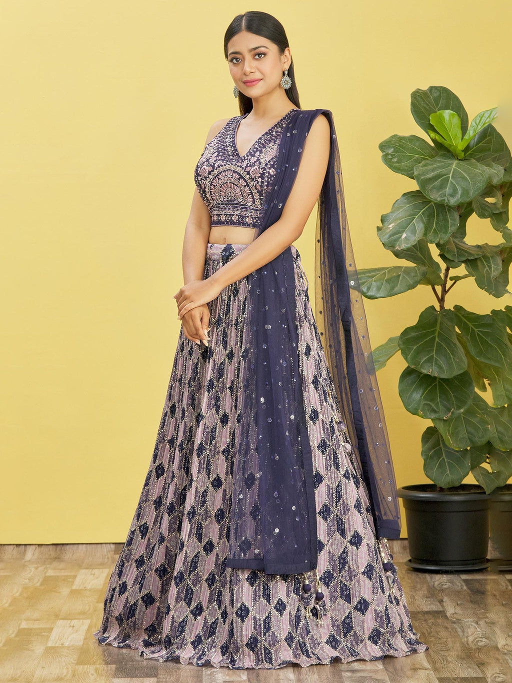 Blue Chinon Lehenga Choli with Real Mirror and Sequins Embroidery