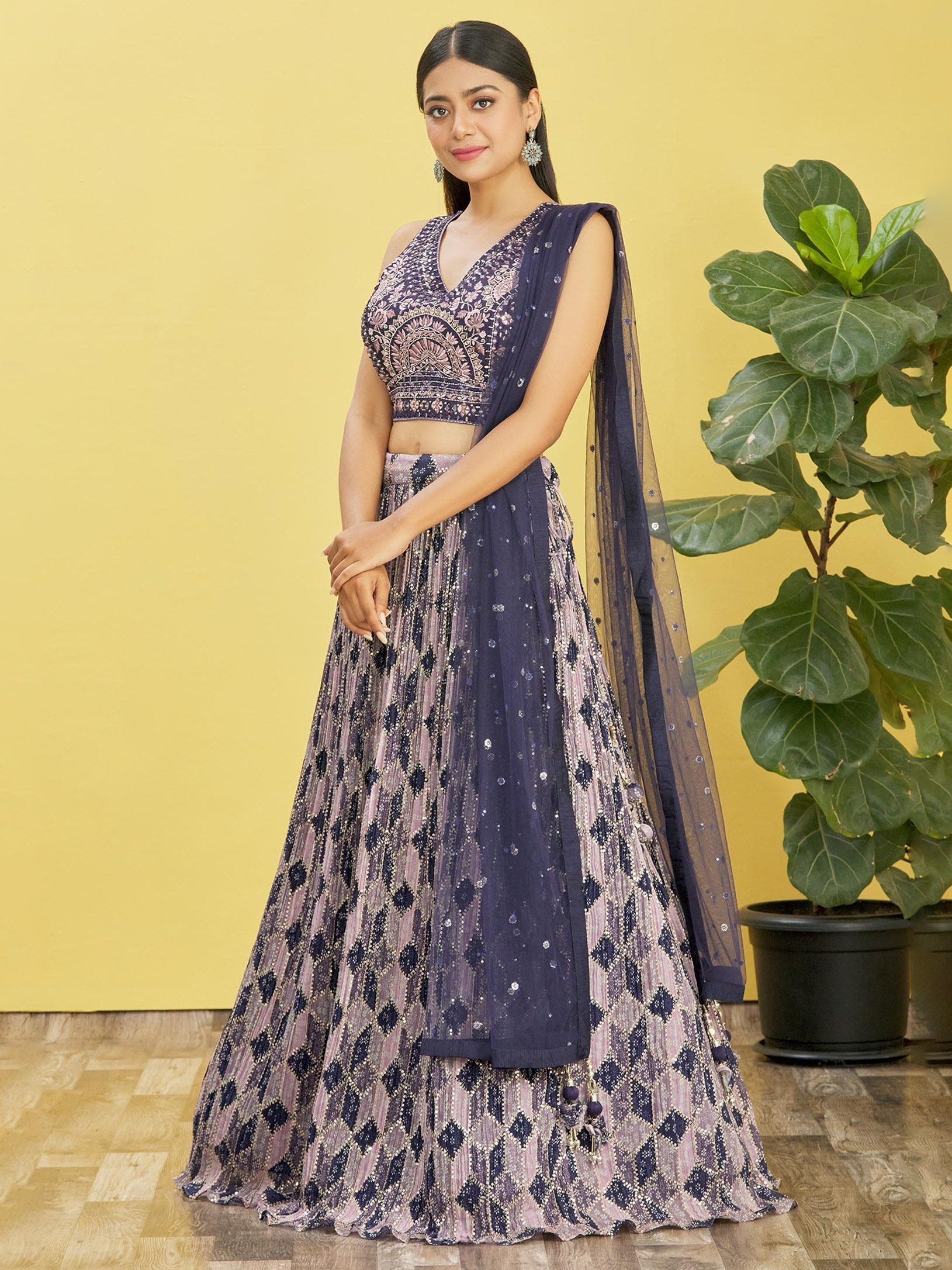 Blue Chinon Lehenga Choli with Real Mirror and Sequins Embroidery