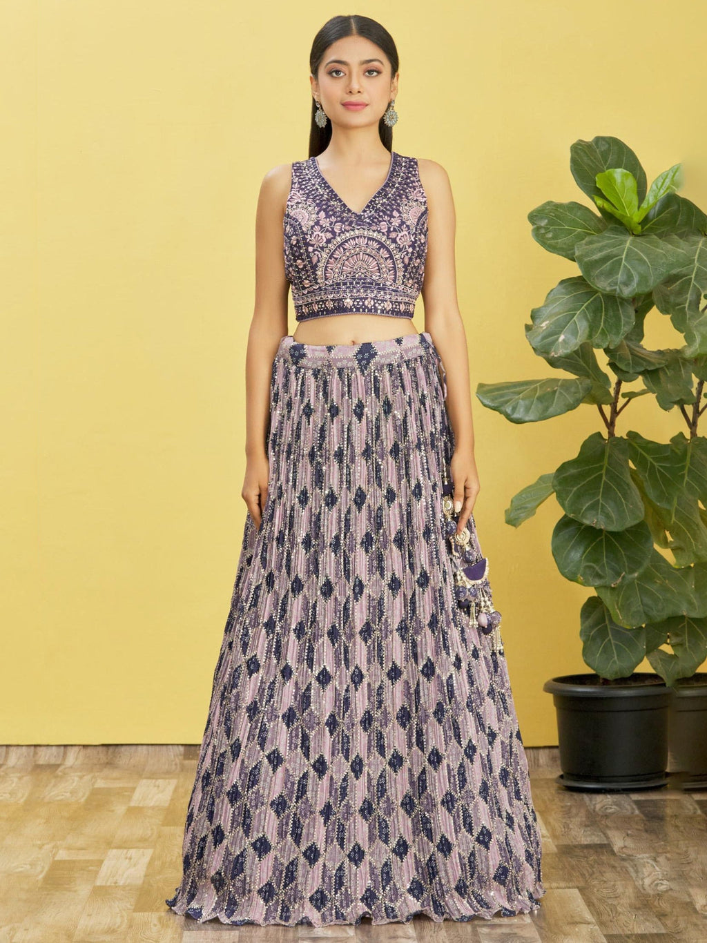 Blue Chinon Lehenga Choli with Real Mirror and Sequins Embroidery
