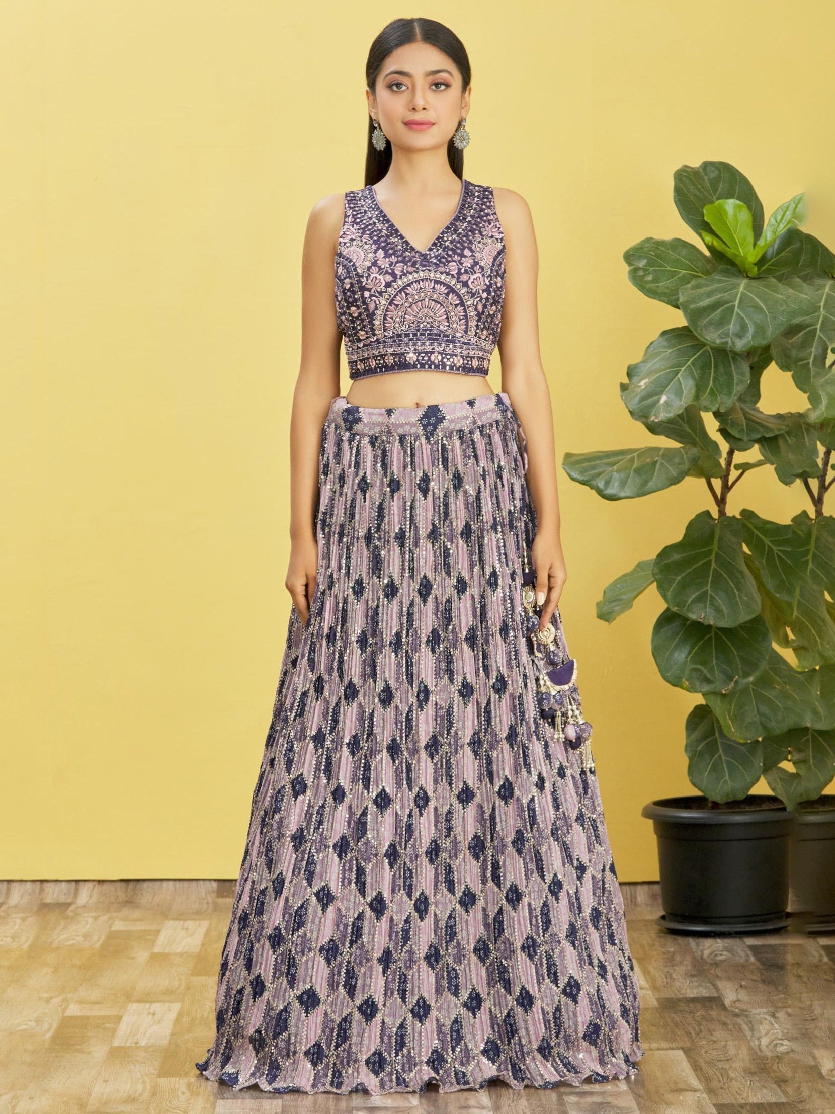 Blue Chinon Lehenga Choli with Real Mirror and Sequins Embroidery