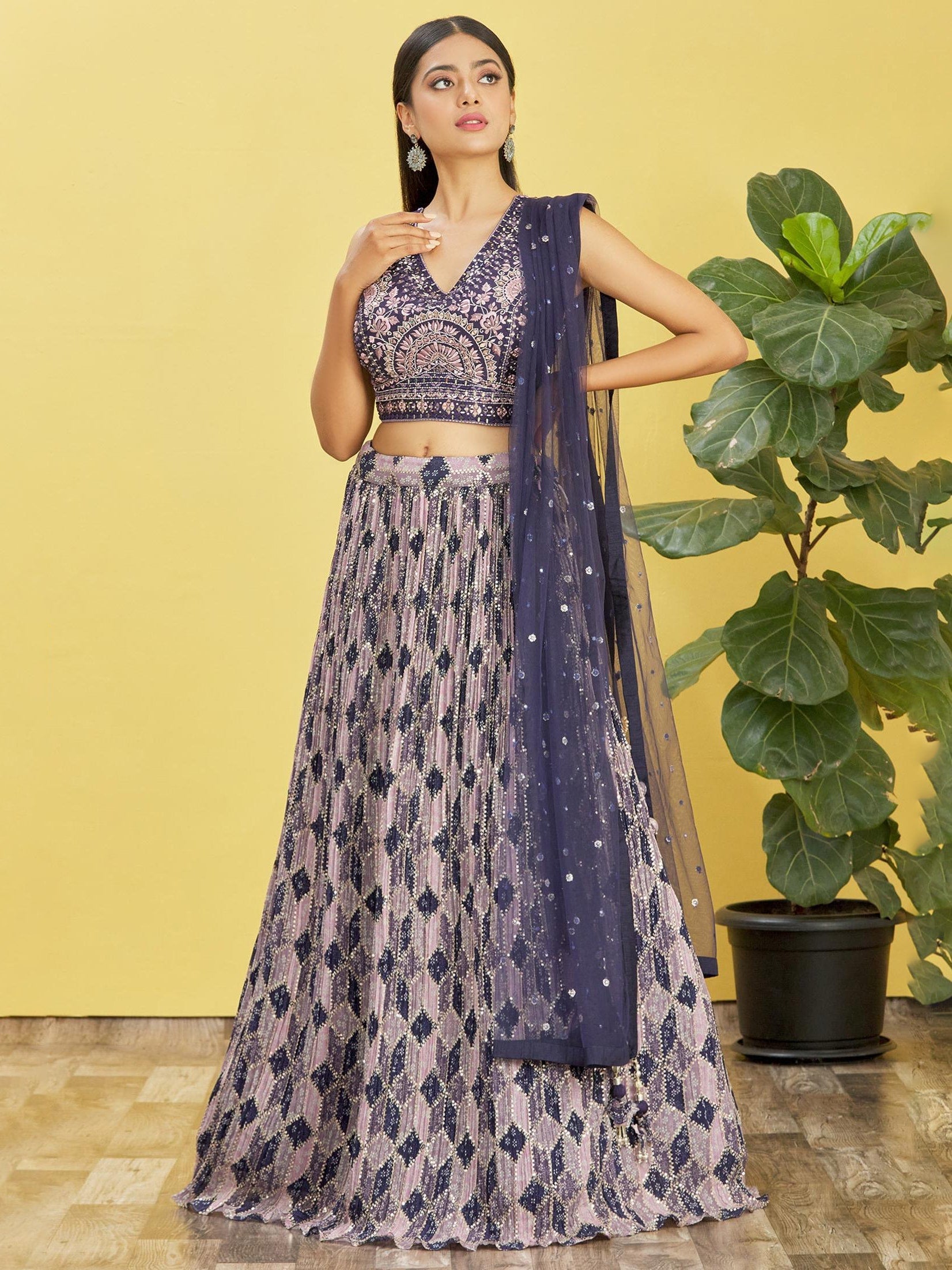 Blue Chinon lehenga choli with detailed sequins and real mirror work