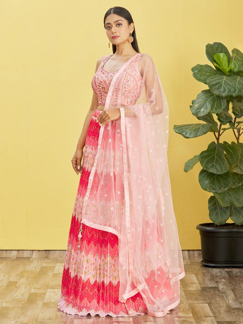 Women's Pink Chinon Real Mirror and Sequins Embroidered Lehenga