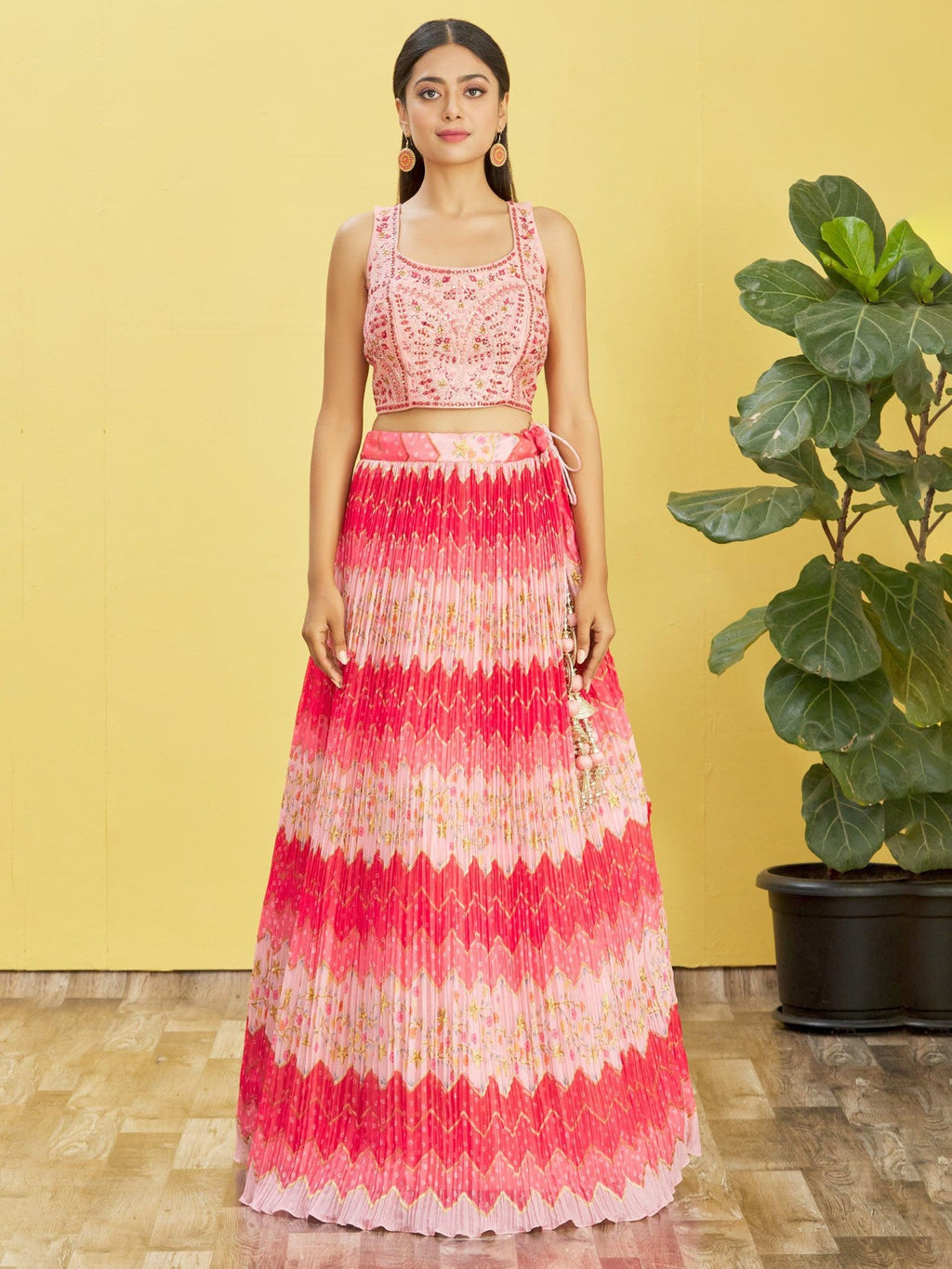 Women's Pink Chinon Real Mirror and Sequins Embroidered Lehenga