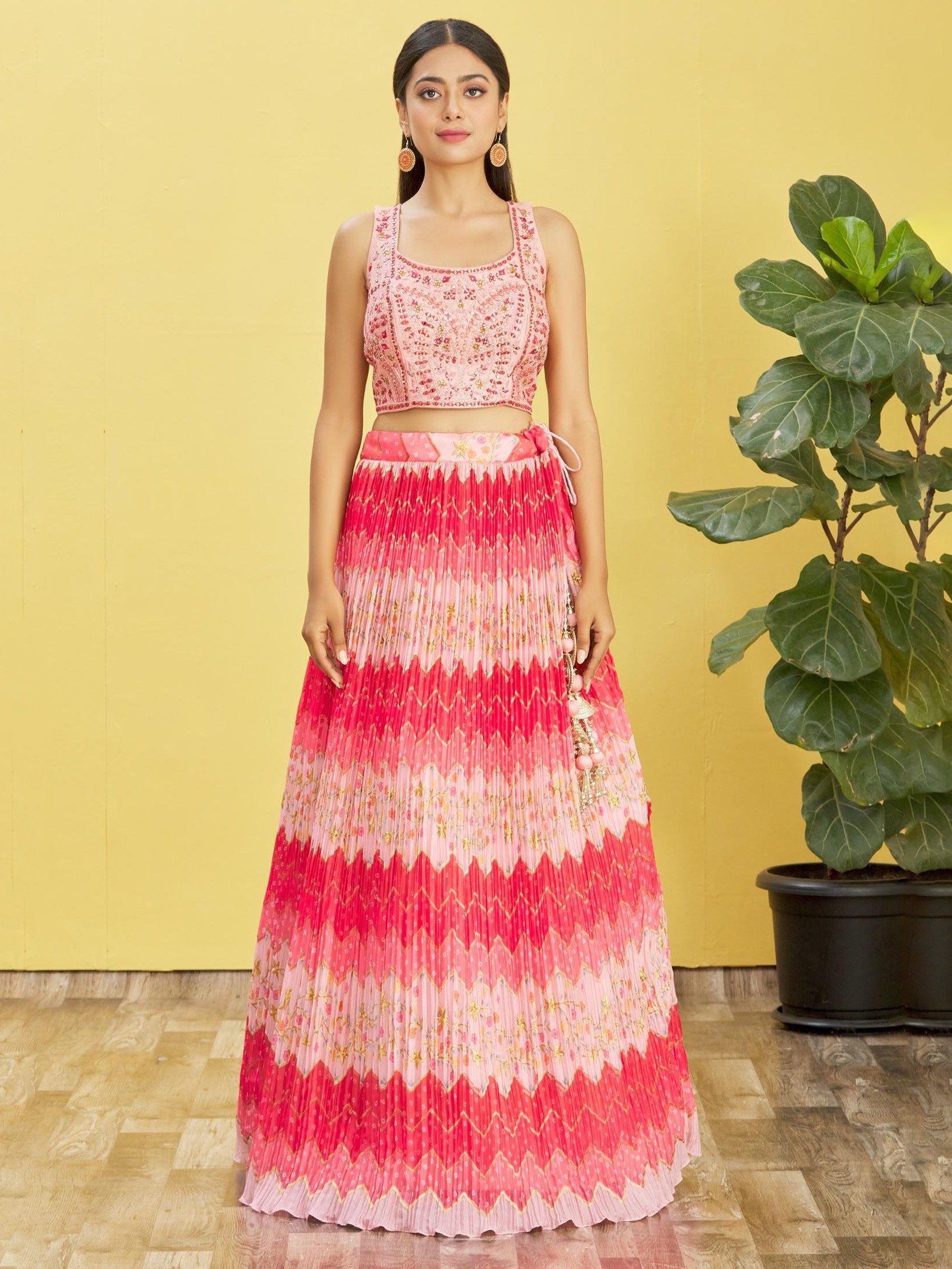 Women's Pink Chinon Real Mirror and Sequins Embroidered Lehenga