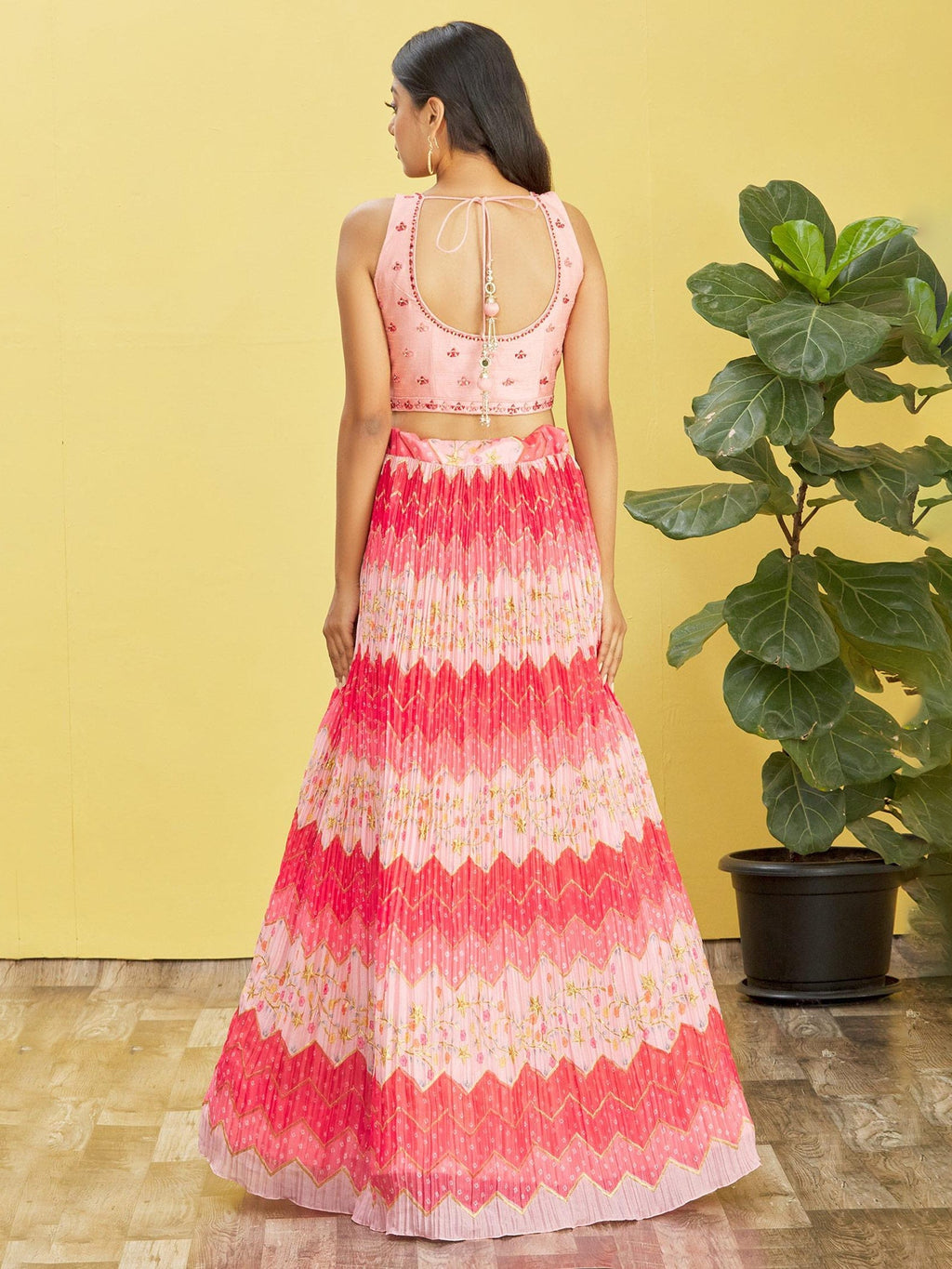 Women's Pink Chinon Real Mirror and Sequins Embroidered Lehenga