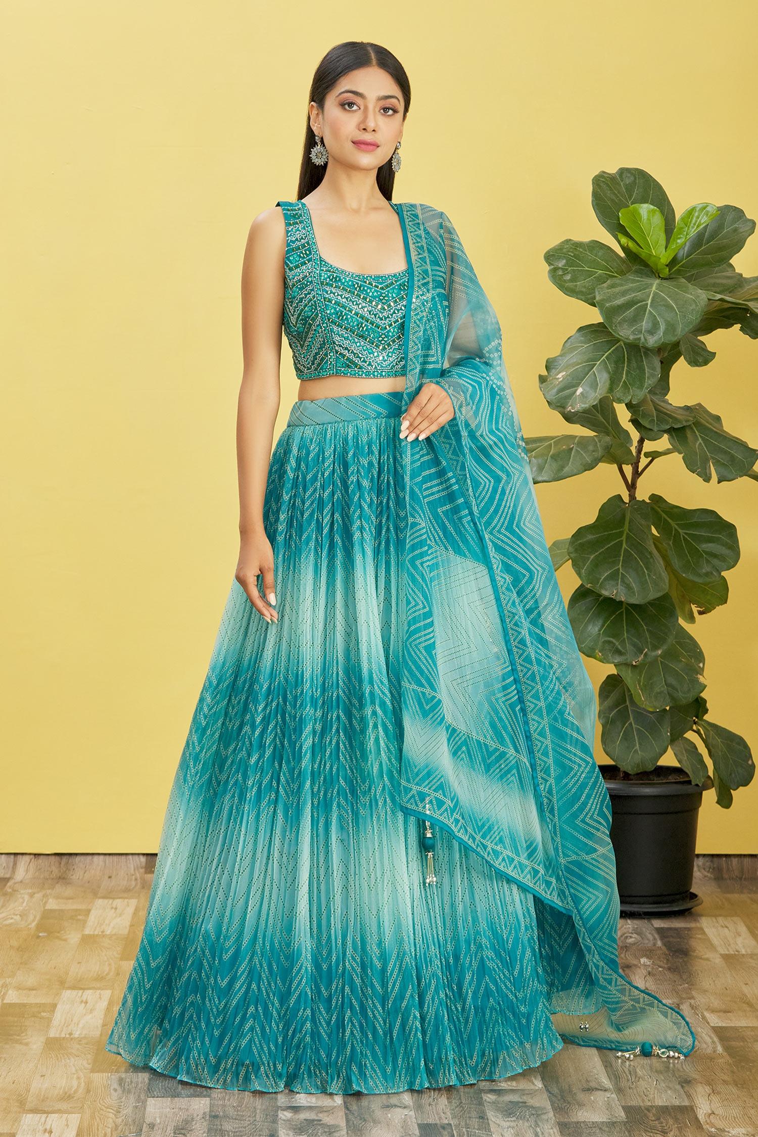 Blue organza lehenga choli with real mirror and sequins thread embroidery