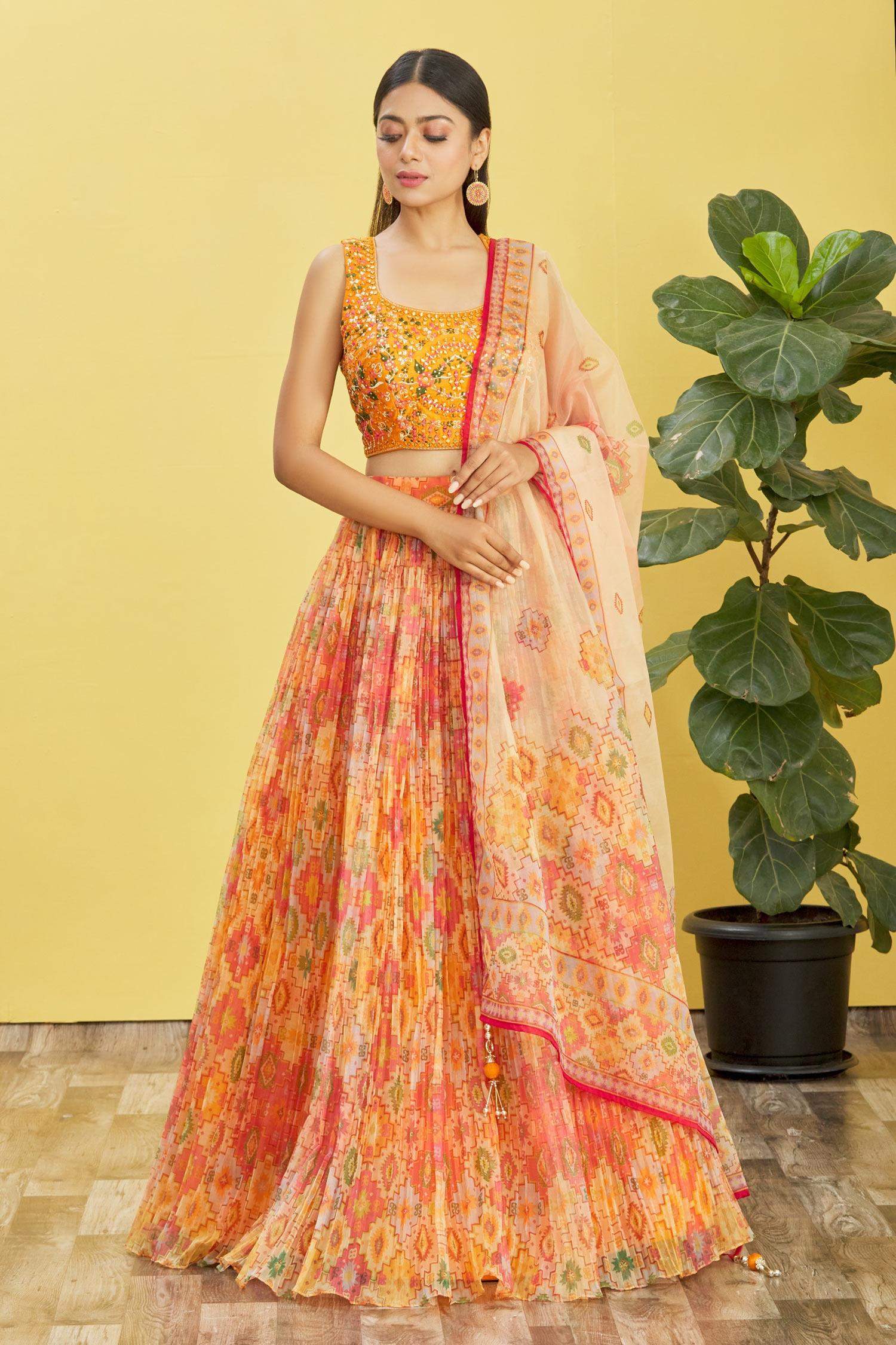 Yellow Organza Lehenga Choli with Real Mirror and Sequin Embroidery