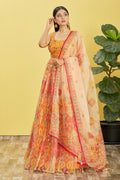 Yellow organza lehenga choli with real mirror work and sequin embroidery