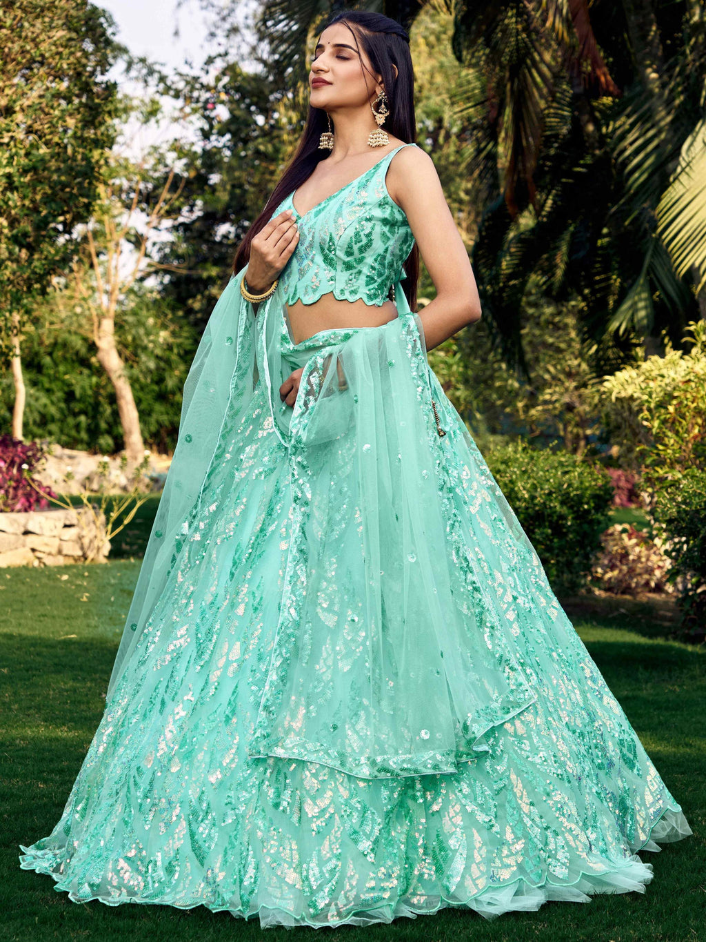 Women's Blue Net Lehenga Choli with Multi Sequins Embroidery