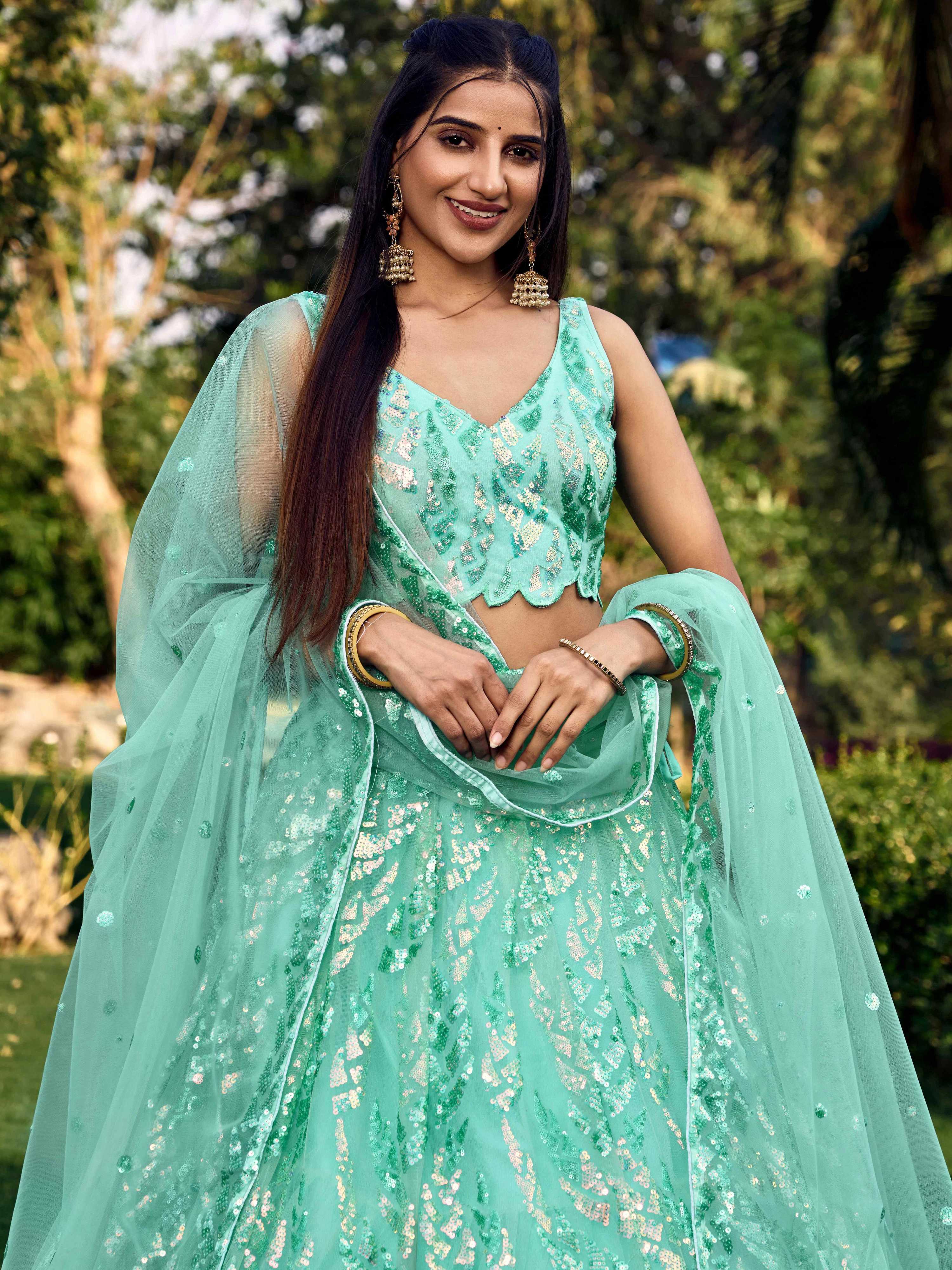 Women's Blue Net Lehenga Choli with Multi Sequins Embroidery