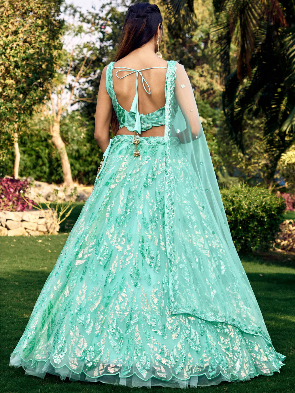 Women's Blue Net Lehenga Choli with Multi Sequins Embroidery