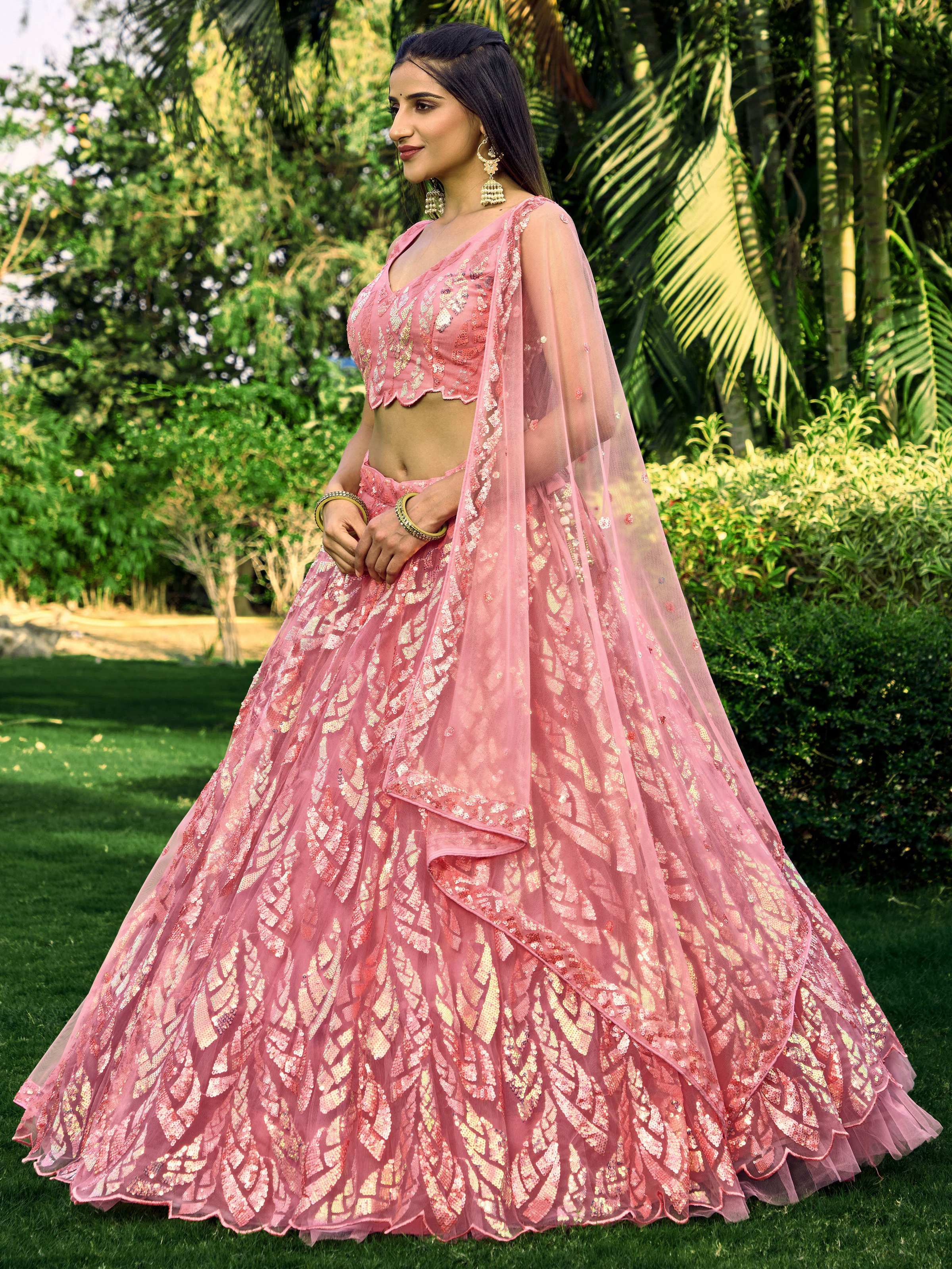 Pink Soft Net Lehenga Choli with Multi-Sequins Thread Embroidery