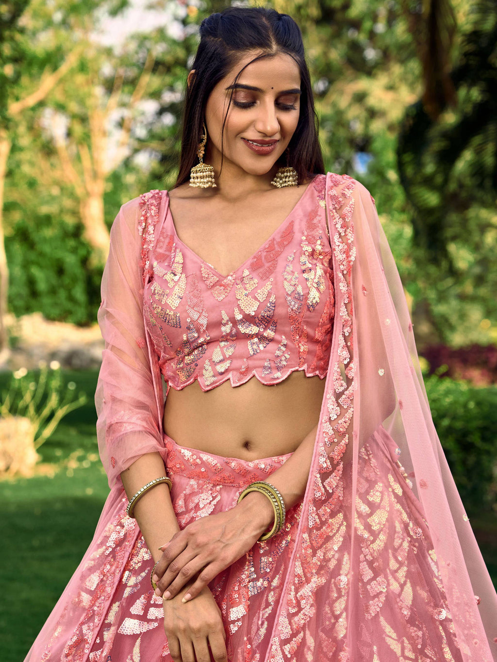 Pink Soft Net Lehenga Choli with Multi-Sequins Thread Embroidery