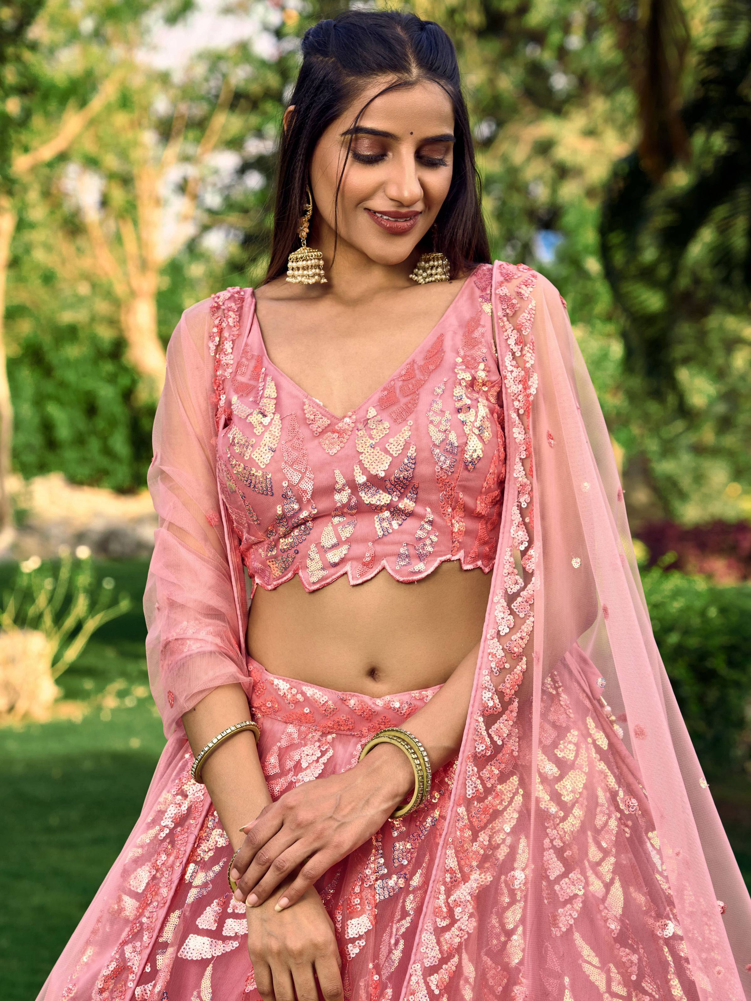 Pink Soft Net Lehenga Choli with Multi-Sequins Thread Embroidery