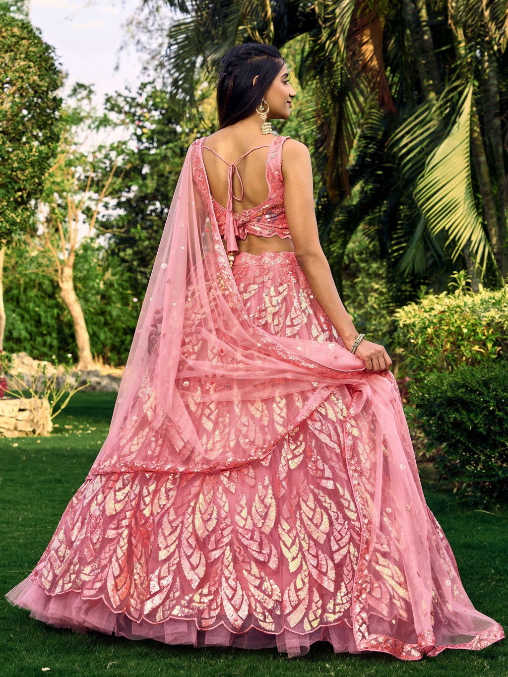 Pink Soft Net Lehenga Choli with Multi-Sequins Thread Embroidery