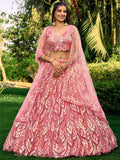 Pink soft net lehenga choli with intricate multi-sequin thread embroidery