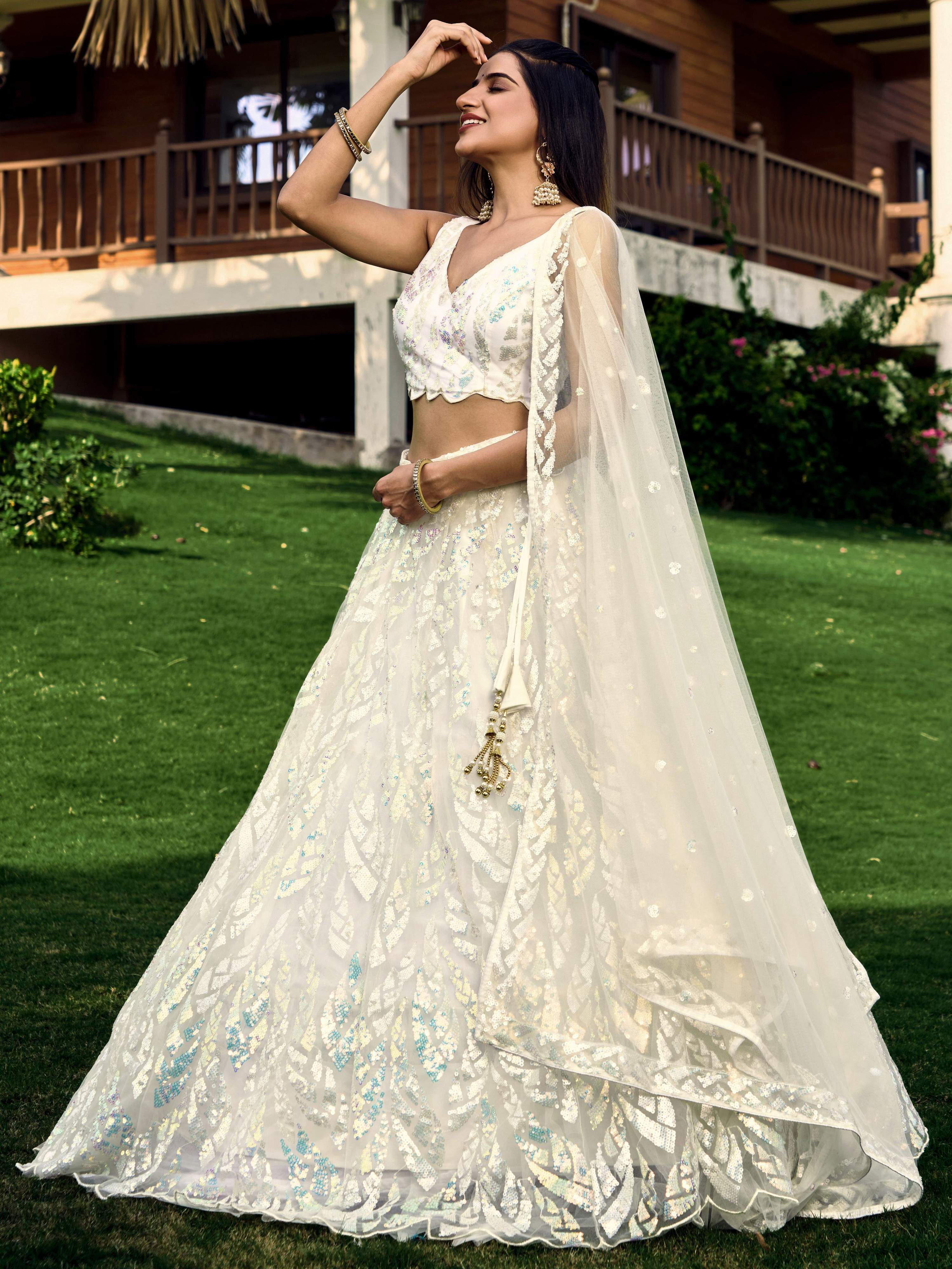 Women's White Net Lehenga Choli with Multi Sequins Embroidery
