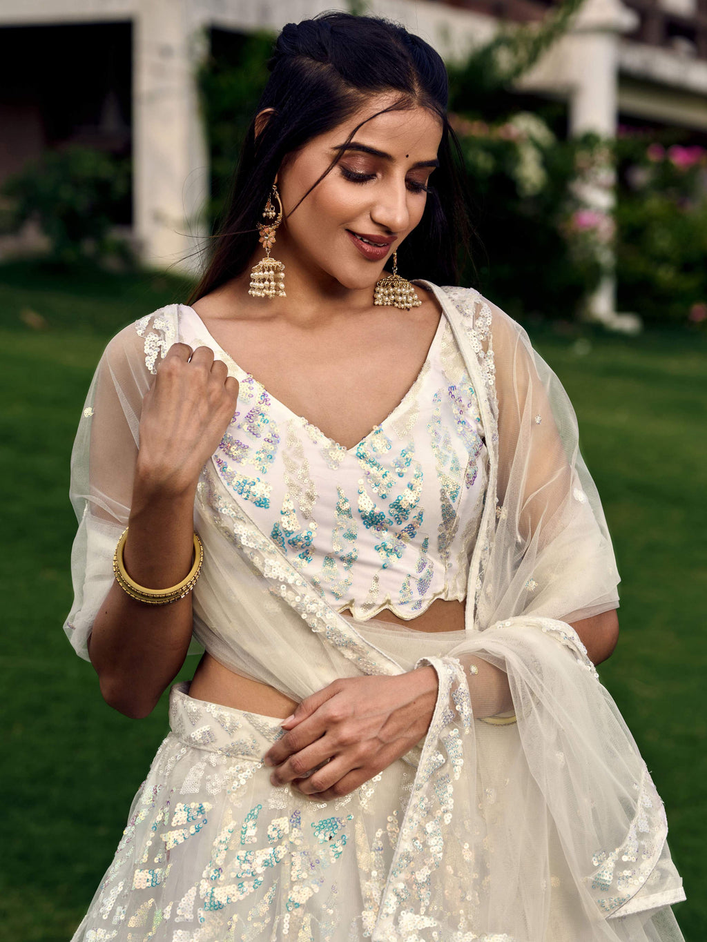 Women's White Net Lehenga Choli with Multi Sequins Embroidery