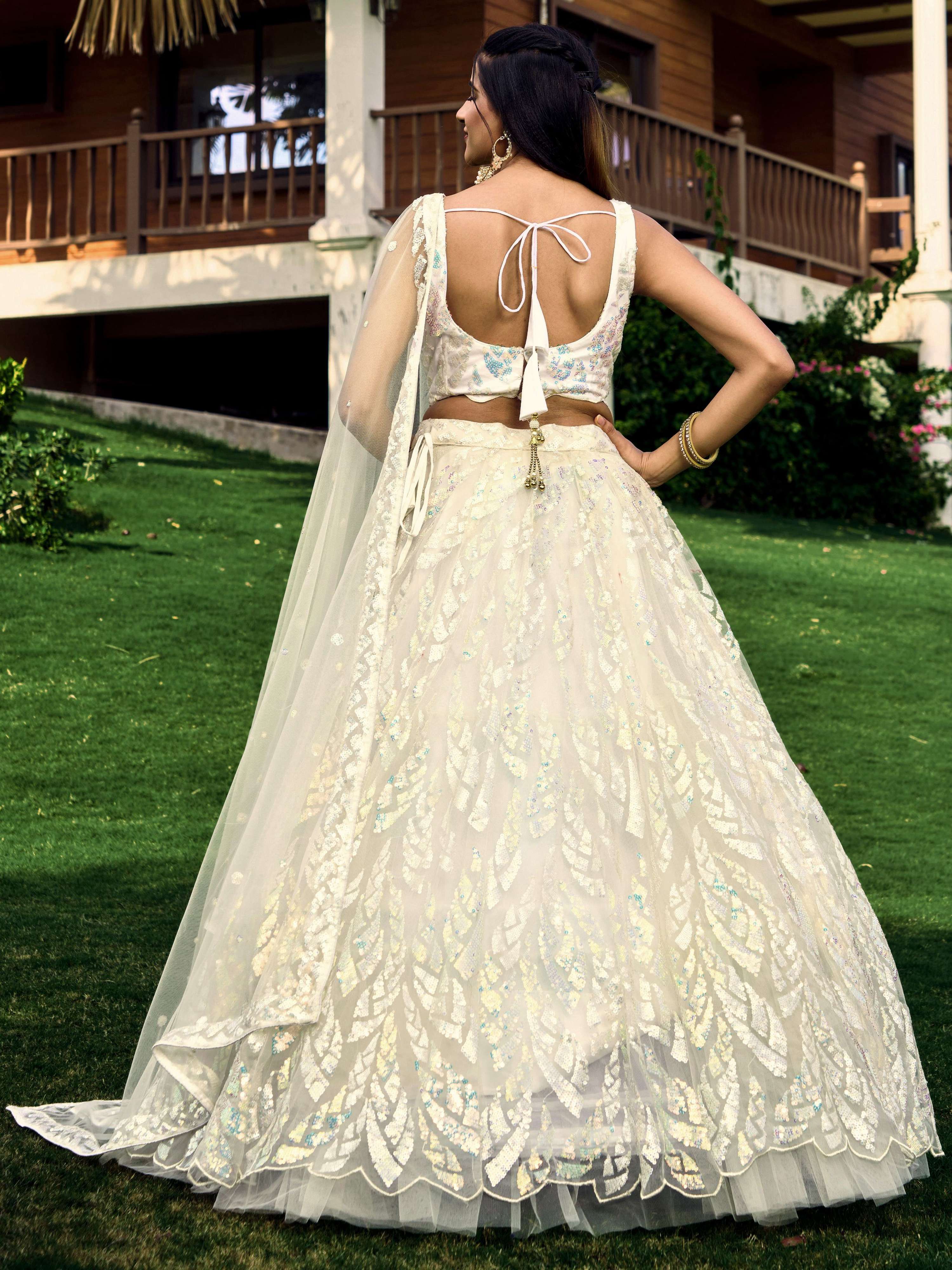 Women's White Net Lehenga Choli with Multi Sequins Embroidery