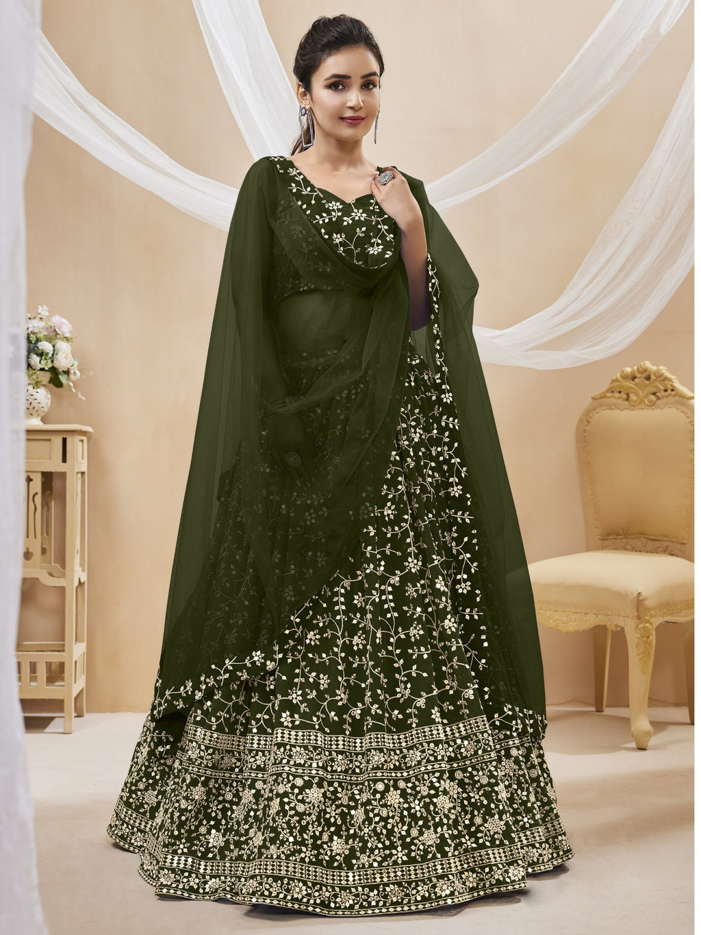 Green Georgette Sequins Zari Embroidered Lehenga Choli Set