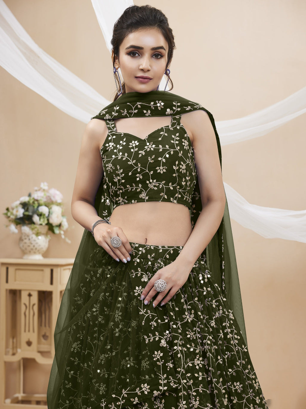 Green Georgette Sequins Zari Embroidered Lehenga Choli Set