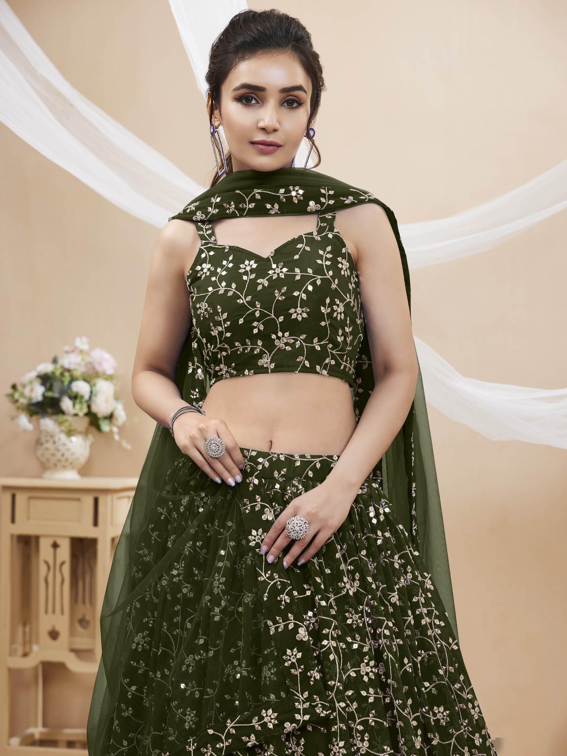Green Georgette Sequins Zari Embroidered Lehenga Choli Set