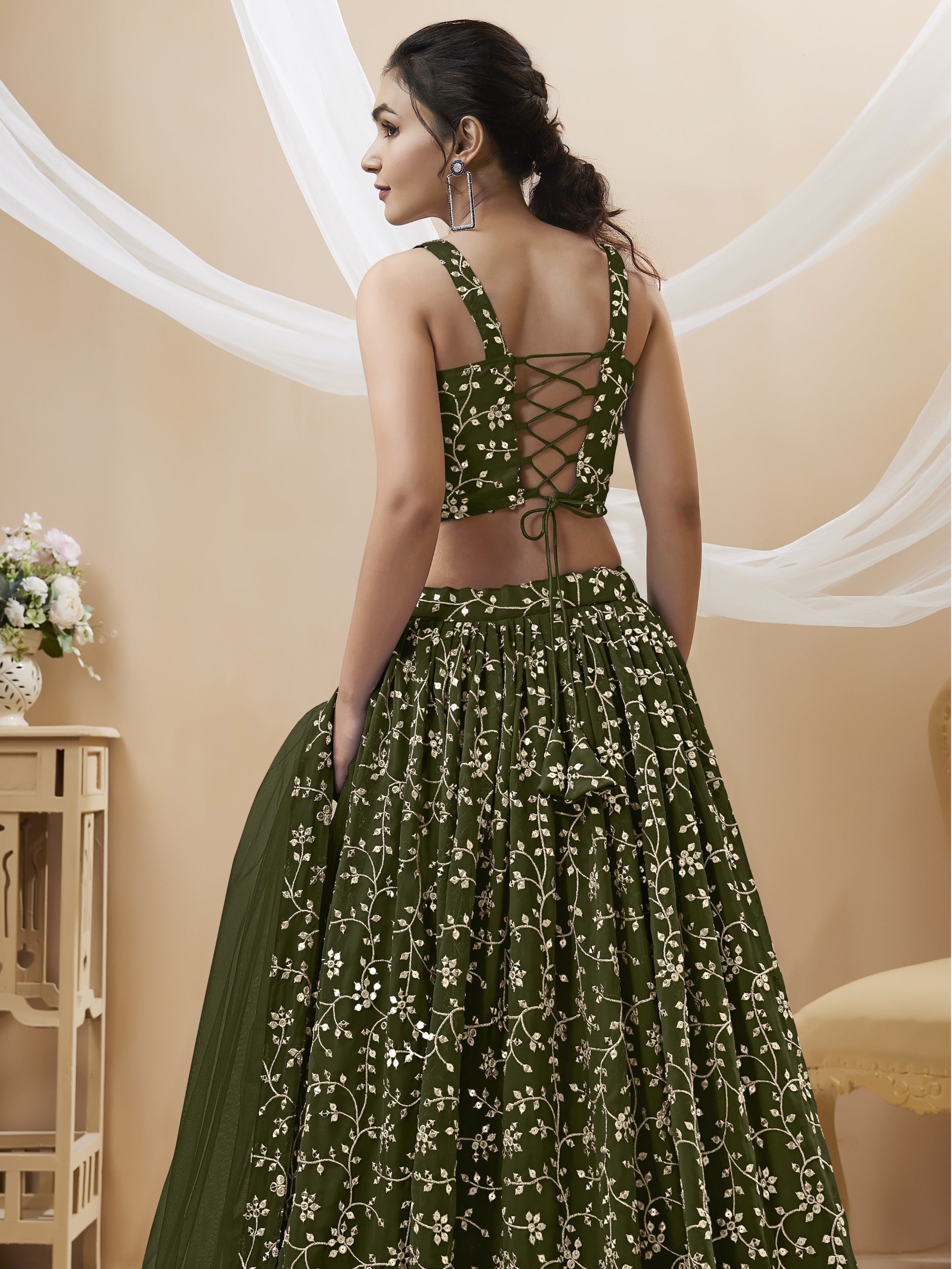 Green Georgette Sequins Zari Embroidered Lehenga Choli Set