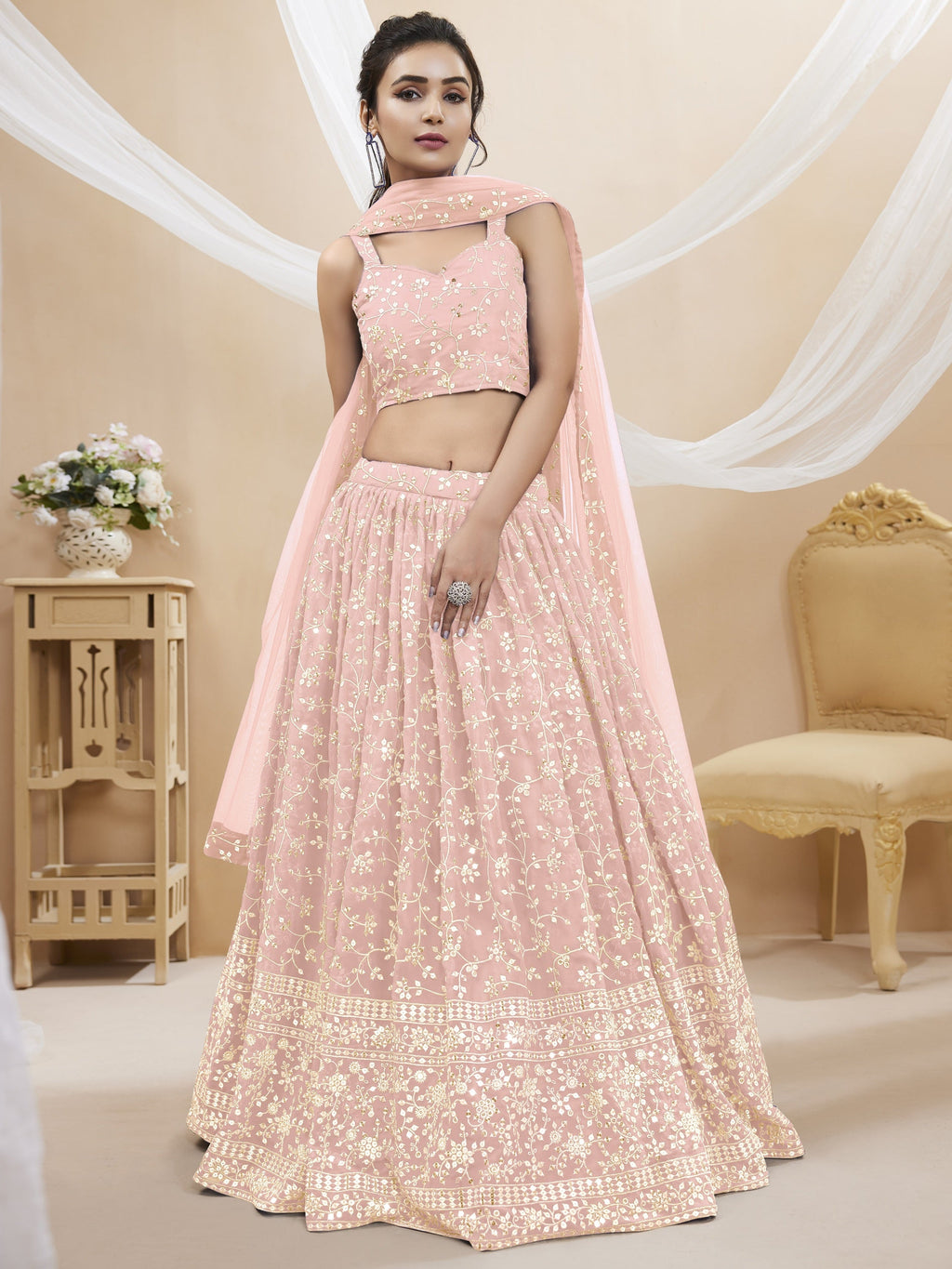 Baby Pink Georgette Sequins Zari Embroidered Lehenga Choli Set