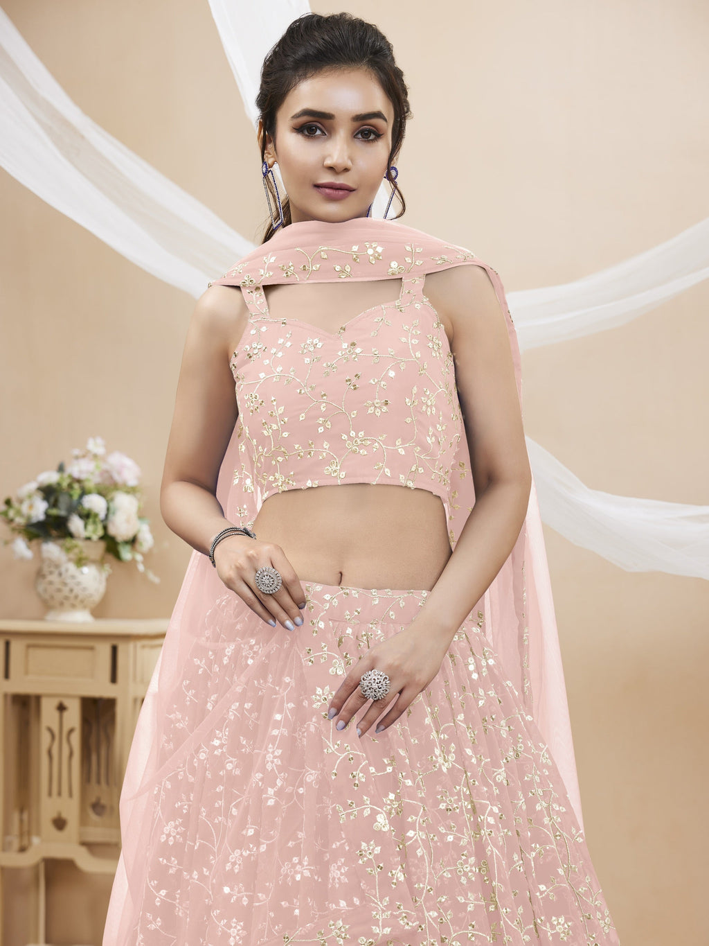 Baby Pink Georgette Sequins Zari Embroidered Lehenga Choli Set