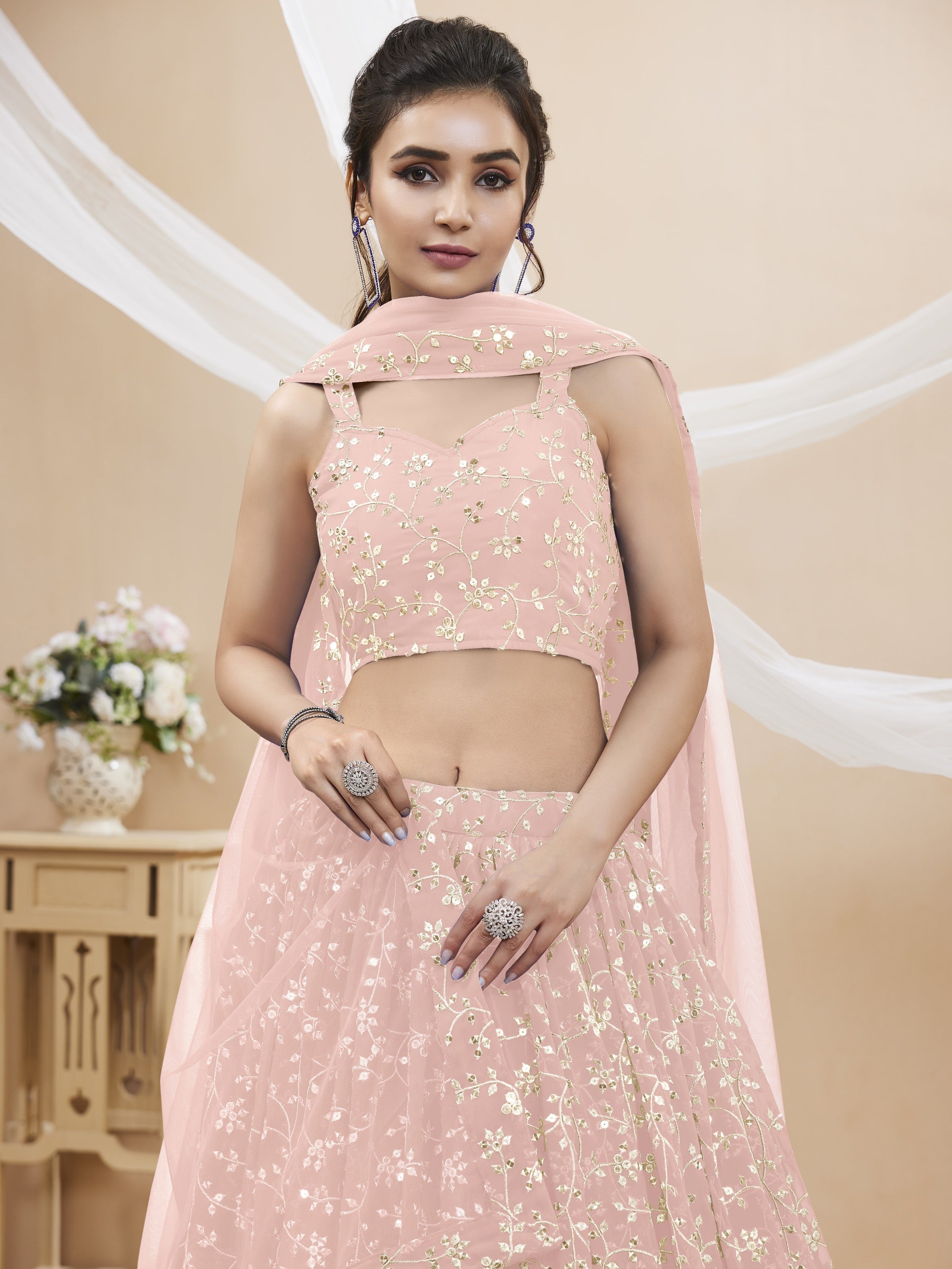 Baby Pink Georgette Sequins Zari Embroidered Lehenga Choli Set