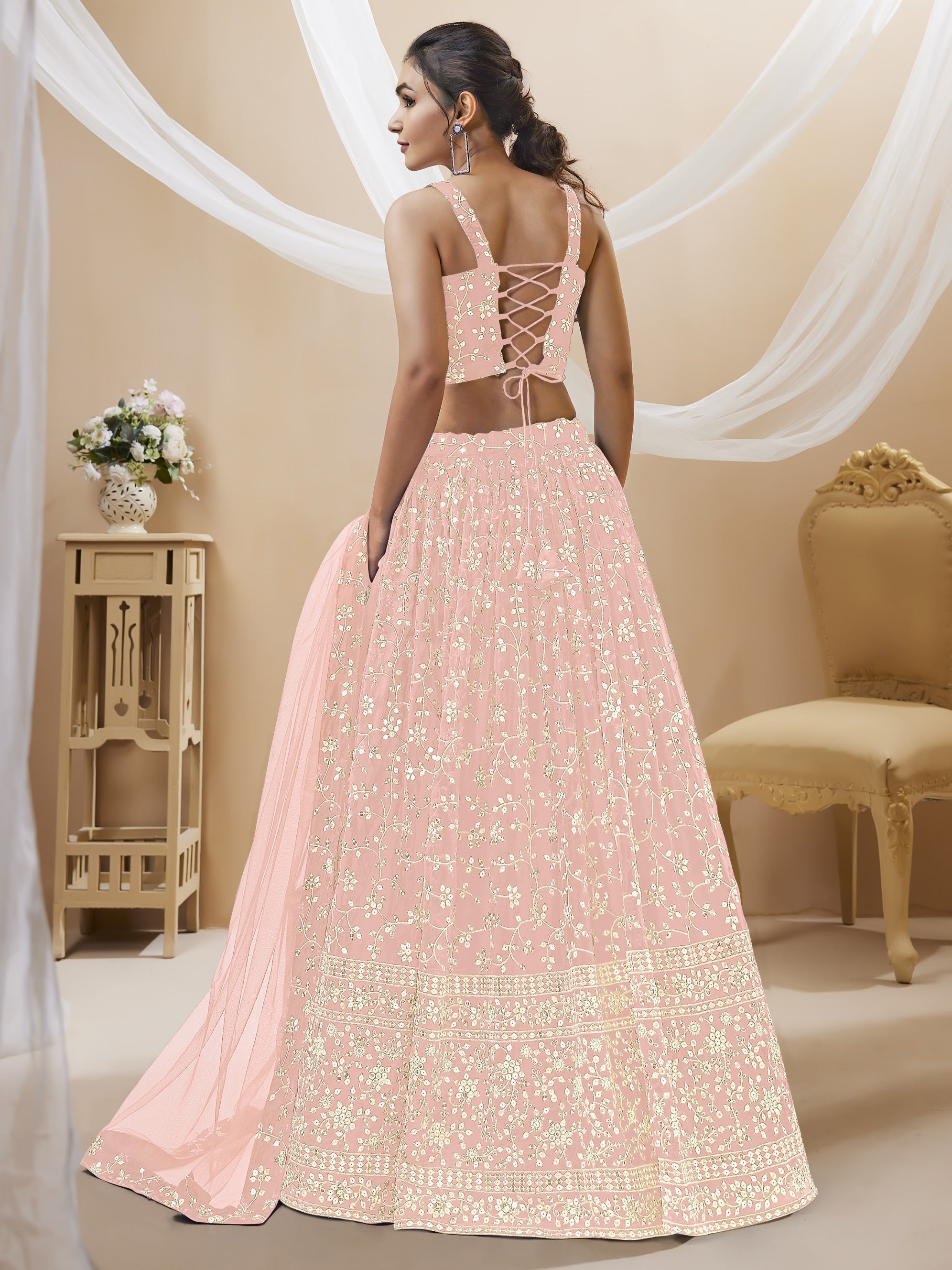 Baby Pink Georgette Sequins Zari Embroidered Lehenga Choli Set