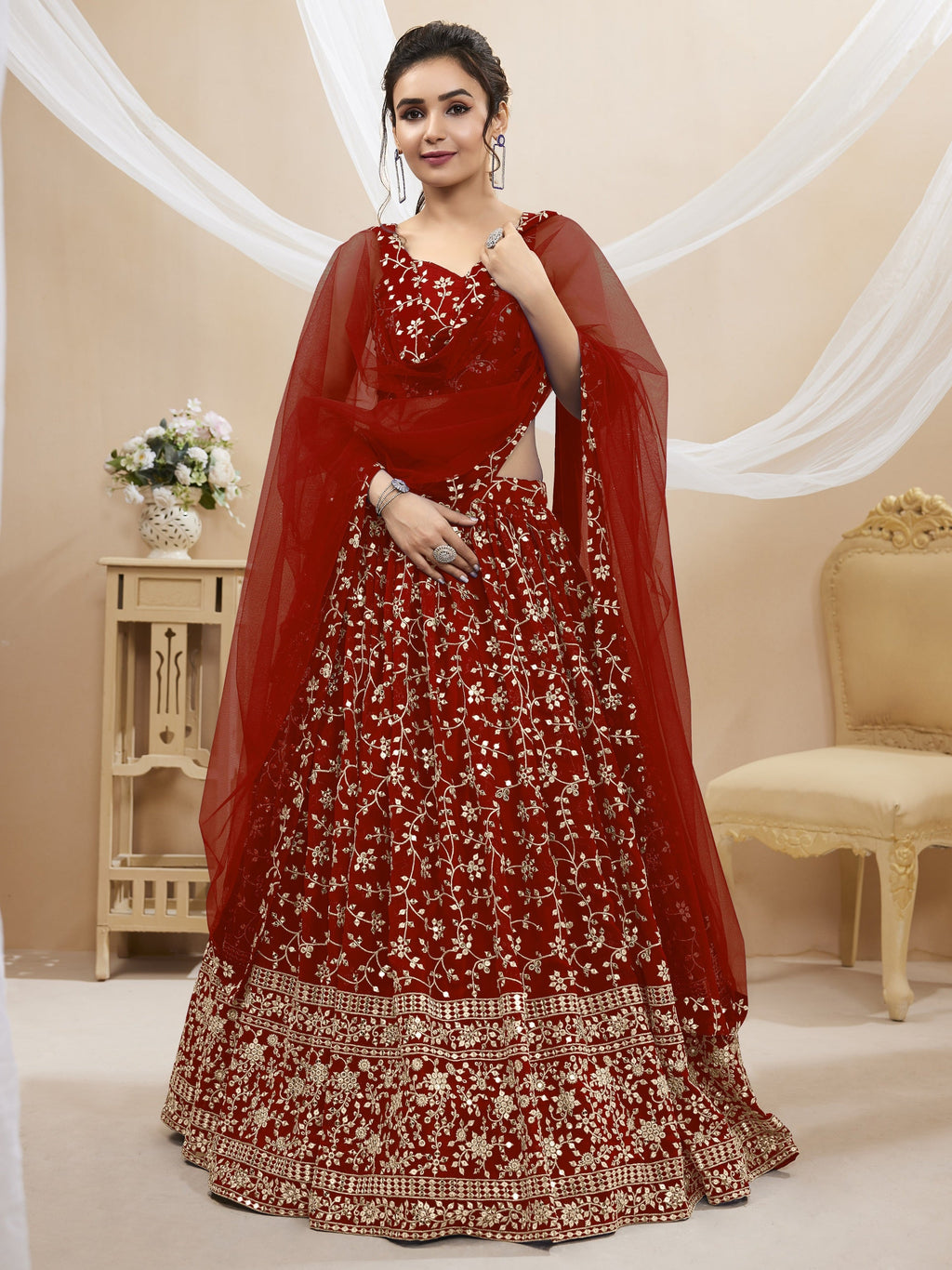 Maroon Georgette Lehenga Choli with Sequin Zari Embroidery