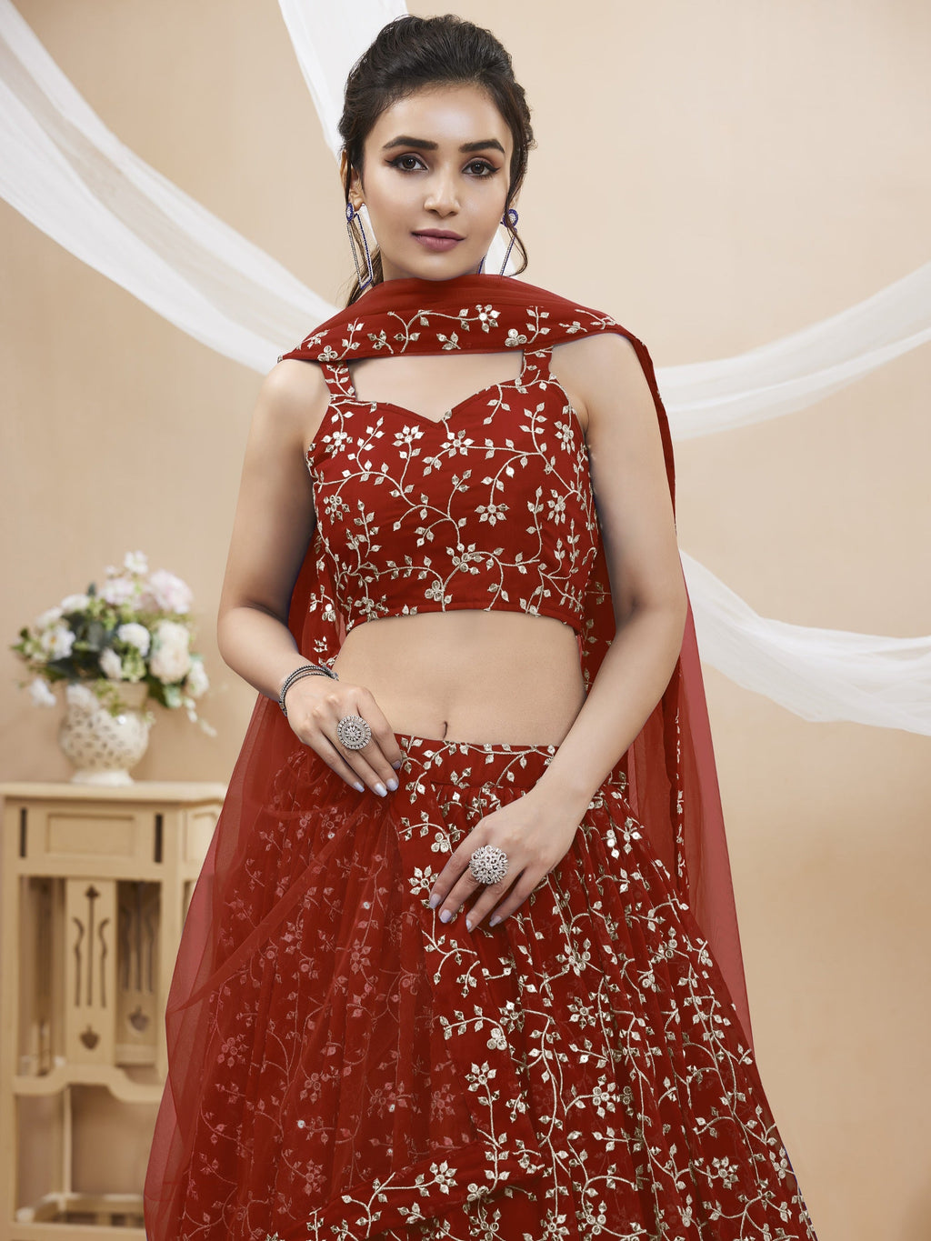 Maroon Georgette Lehenga Choli with Sequin Zari Embroidery