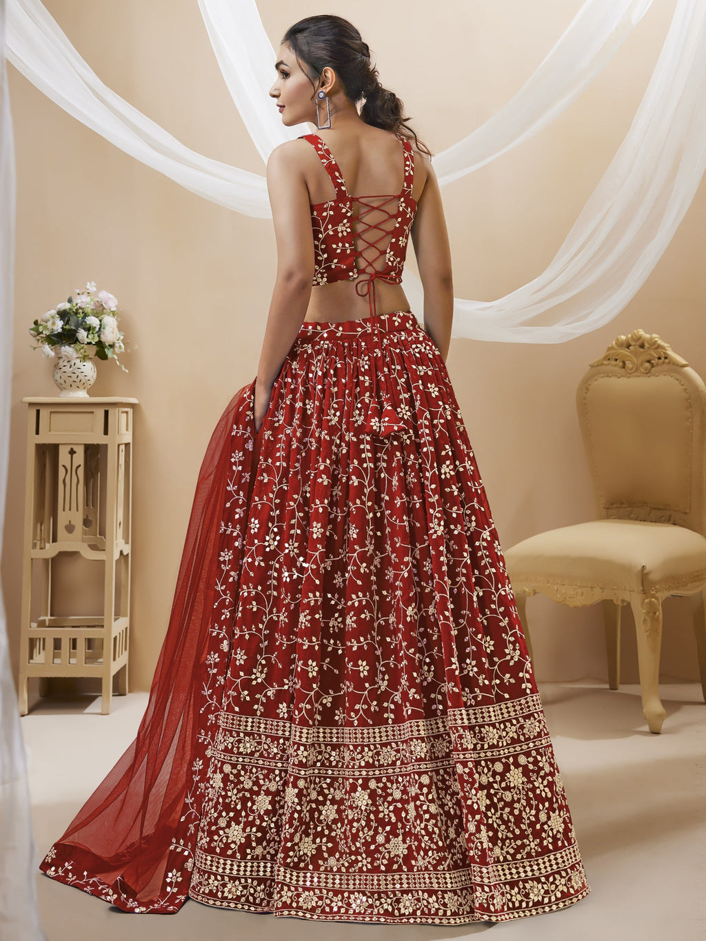 Maroon Georgette Lehenga Choli with Sequin Zari Embroidery