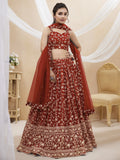 Maroon georgette lehenga choli with detailed zari and sequin embroidery