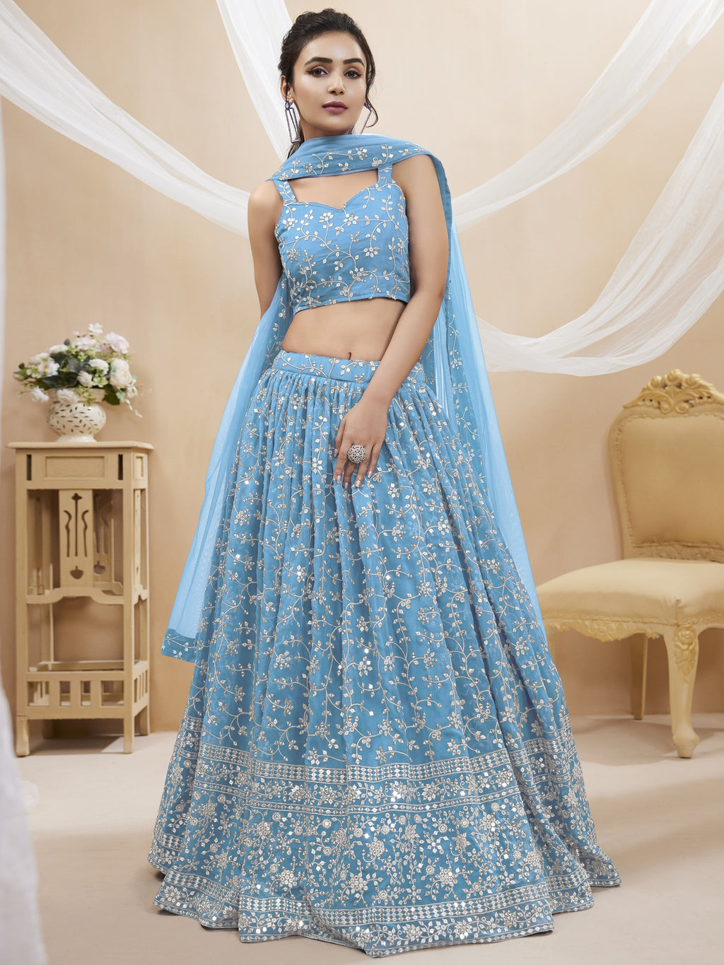 Sky Blue Georgette lehenga choli set with intricate zari and sequins embroidery
