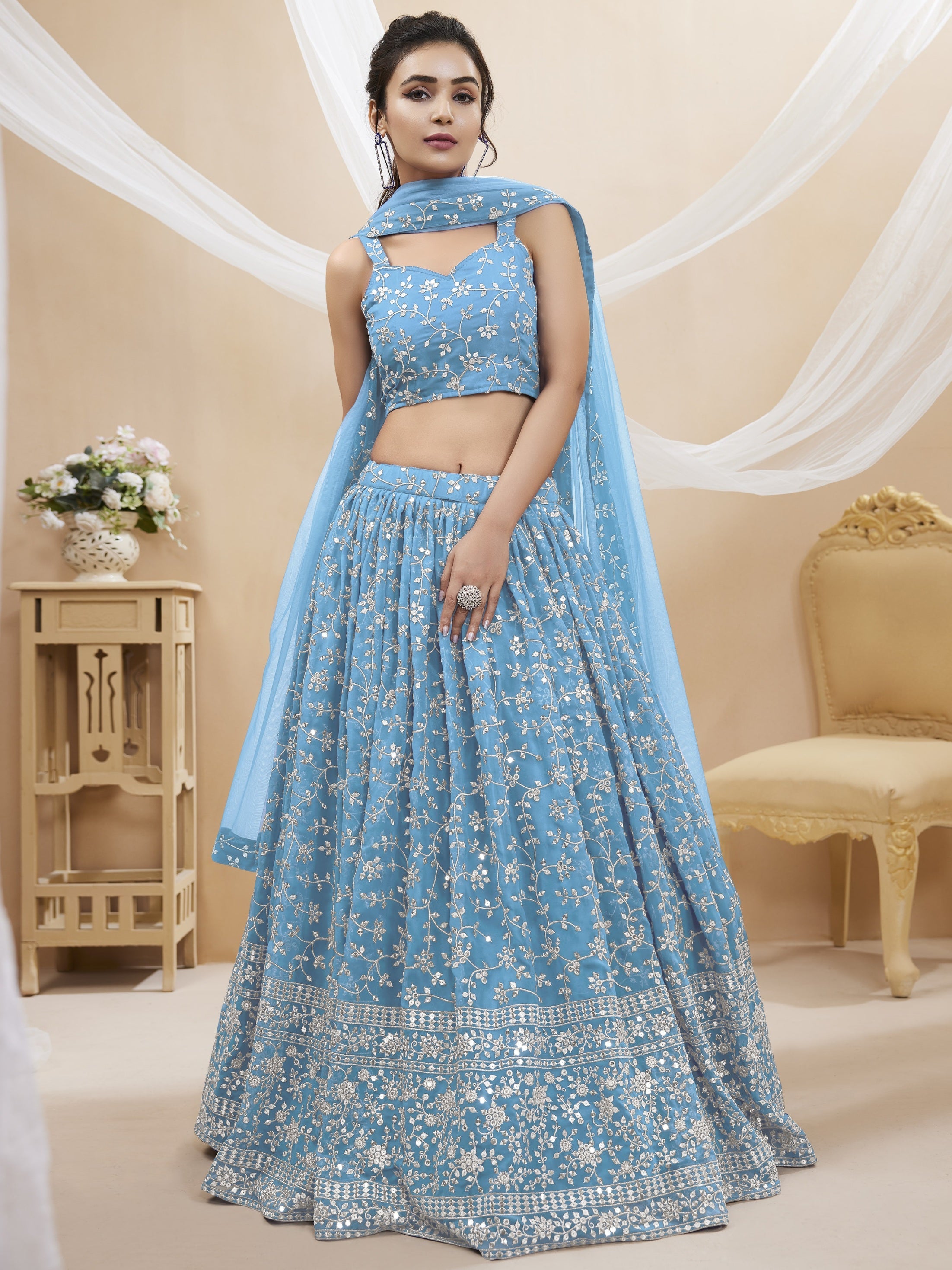 Sky Blue Georgette lehenga choli set with intricate zari and sequins embroidery