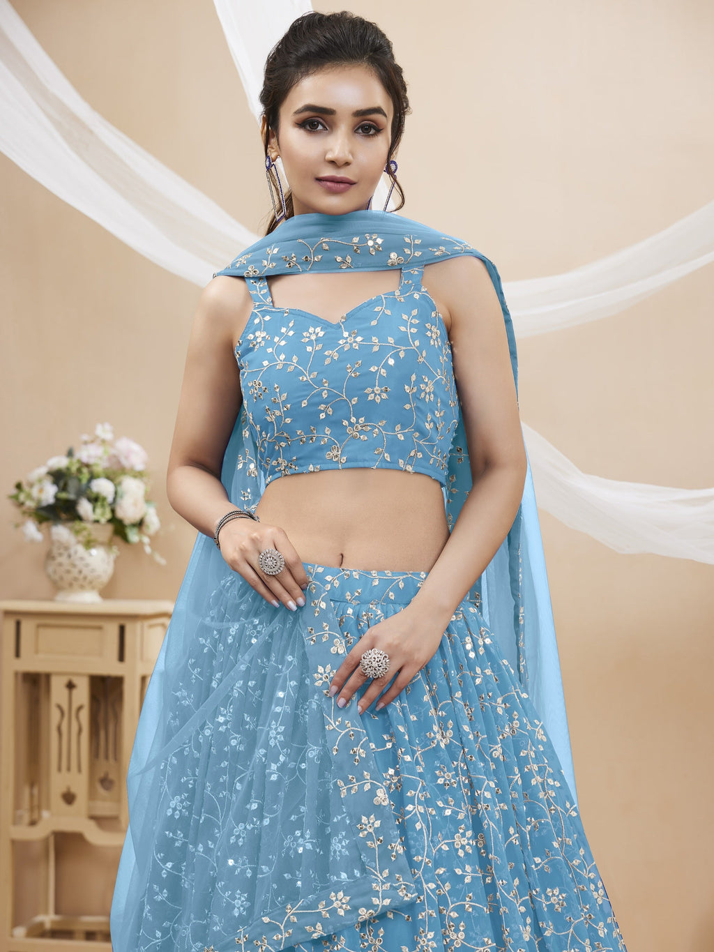 Sky Blue Georgette Sequins and Zari Embroidered Lehenga Choli Set