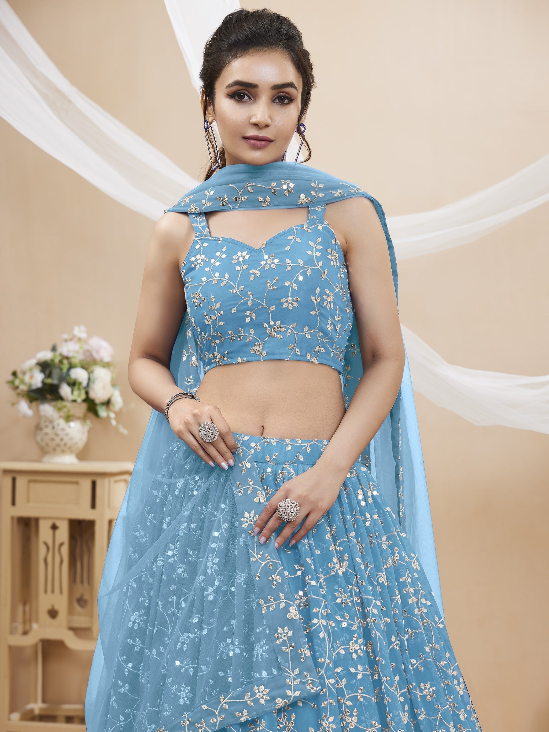 Sky Blue Georgette Sequins and Zari Embroidered Lehenga Choli Set