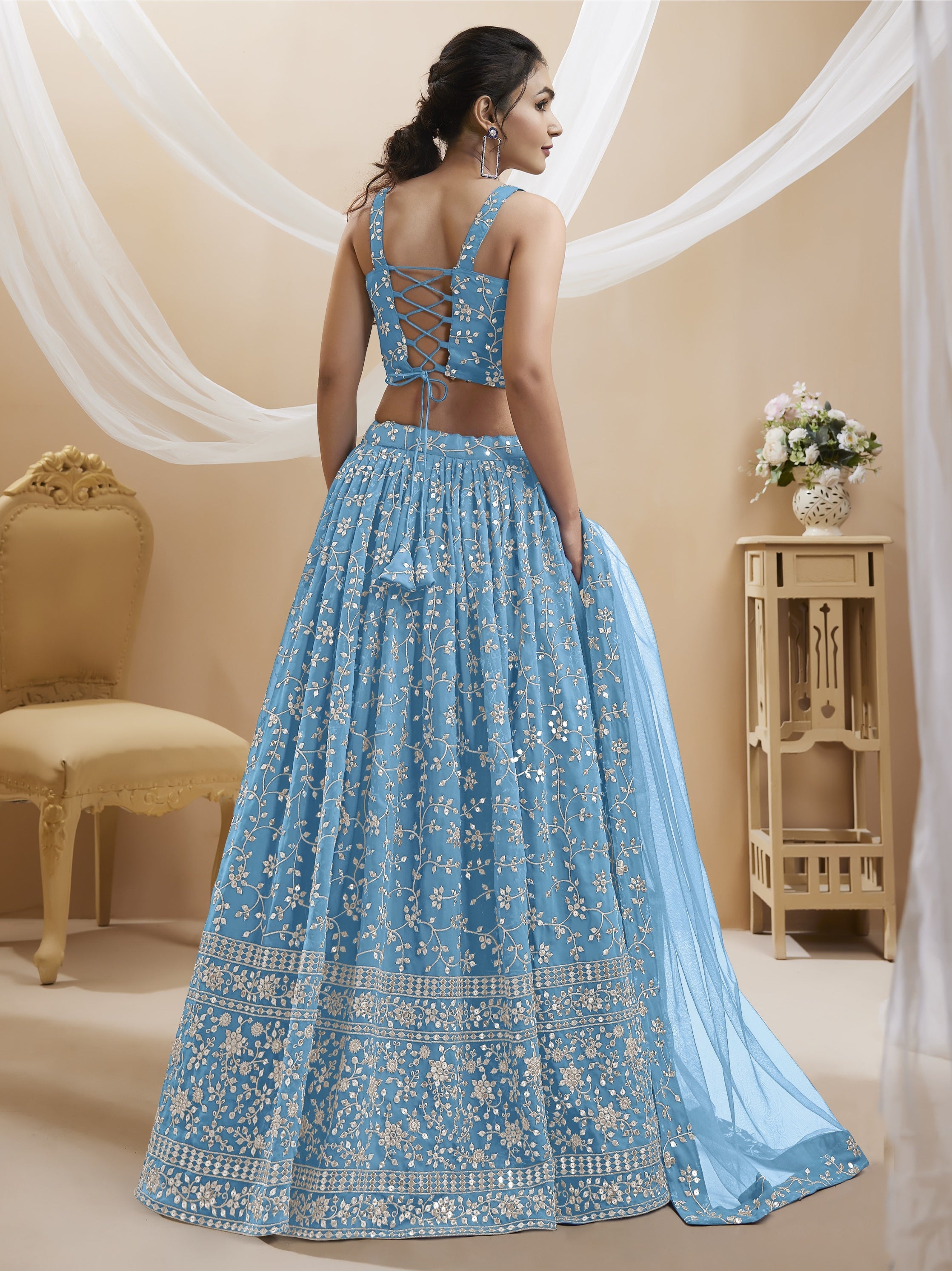 Sky Blue Georgette Sequins and Zari Embroidered Lehenga Choli Set