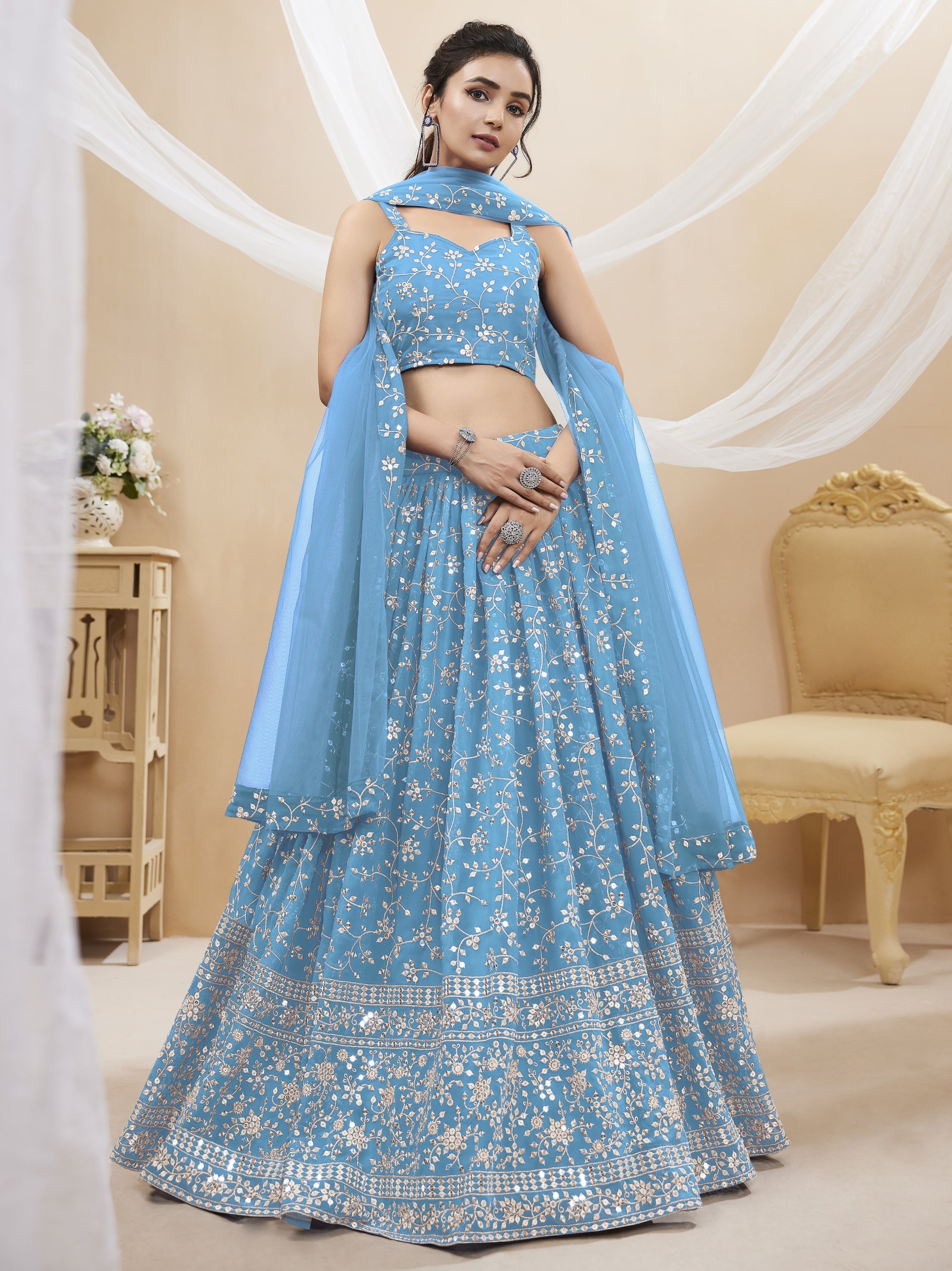 Sky Blue Georgette Sequins and Zari Embroidered Lehenga Choli Set