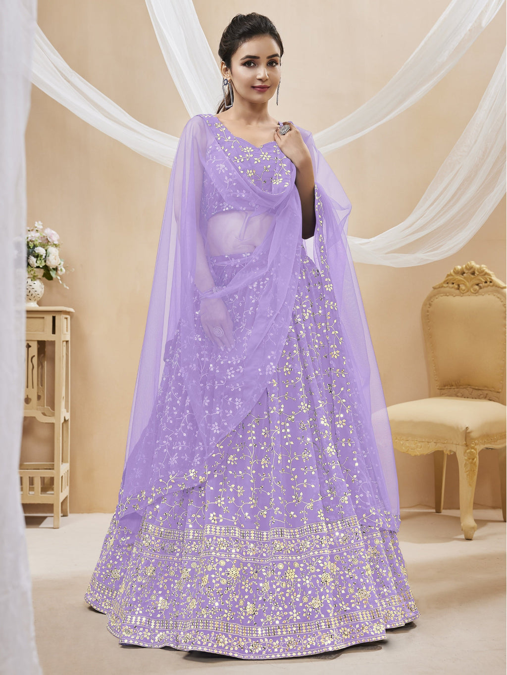 Women's Lavender Georgette Sequins Zari Embroidered Lehenga Choli