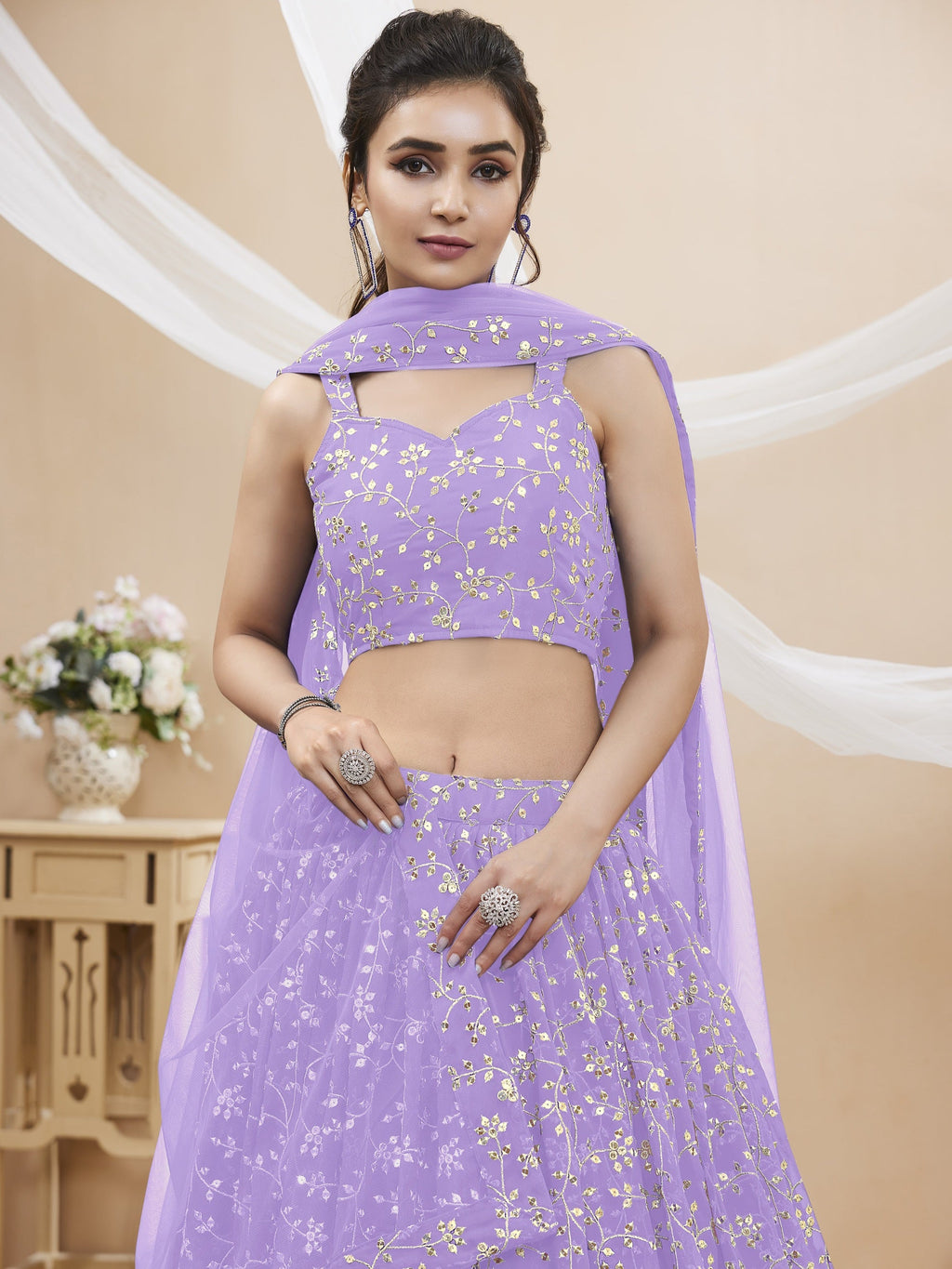 Women's Lavender Georgette Sequins Zari Embroidered Lehenga Choli