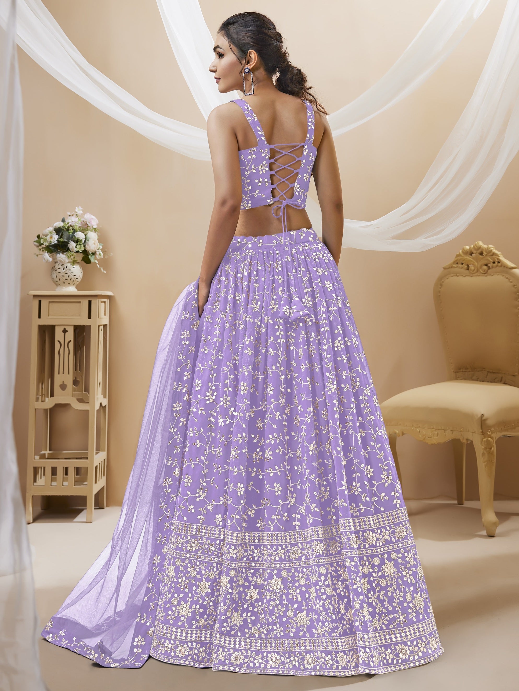 Women's Lavender Georgette Sequins Zari Embroidered Lehenga Choli