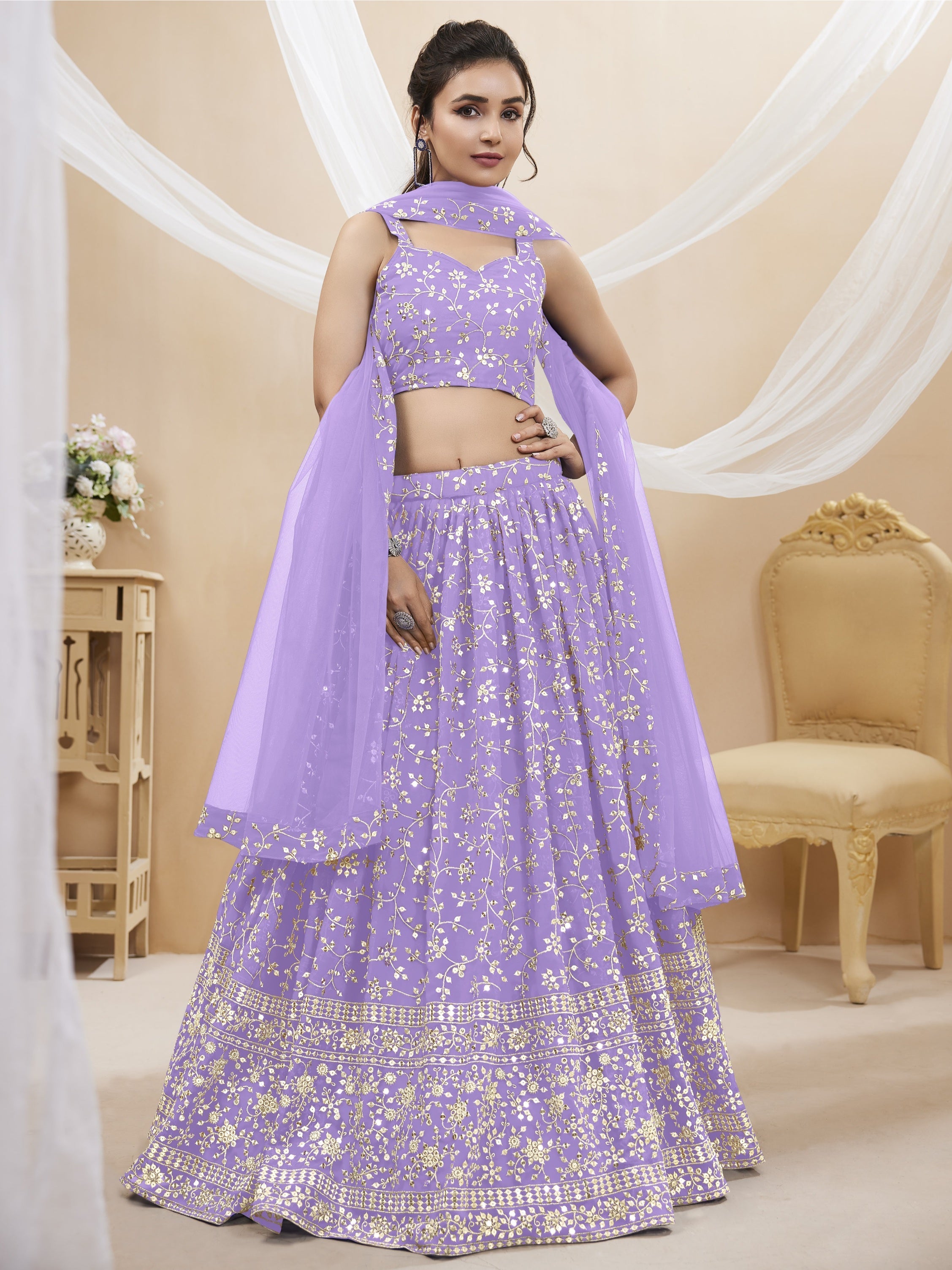 Lavender georgette lehenga with sequins and zari embroidery