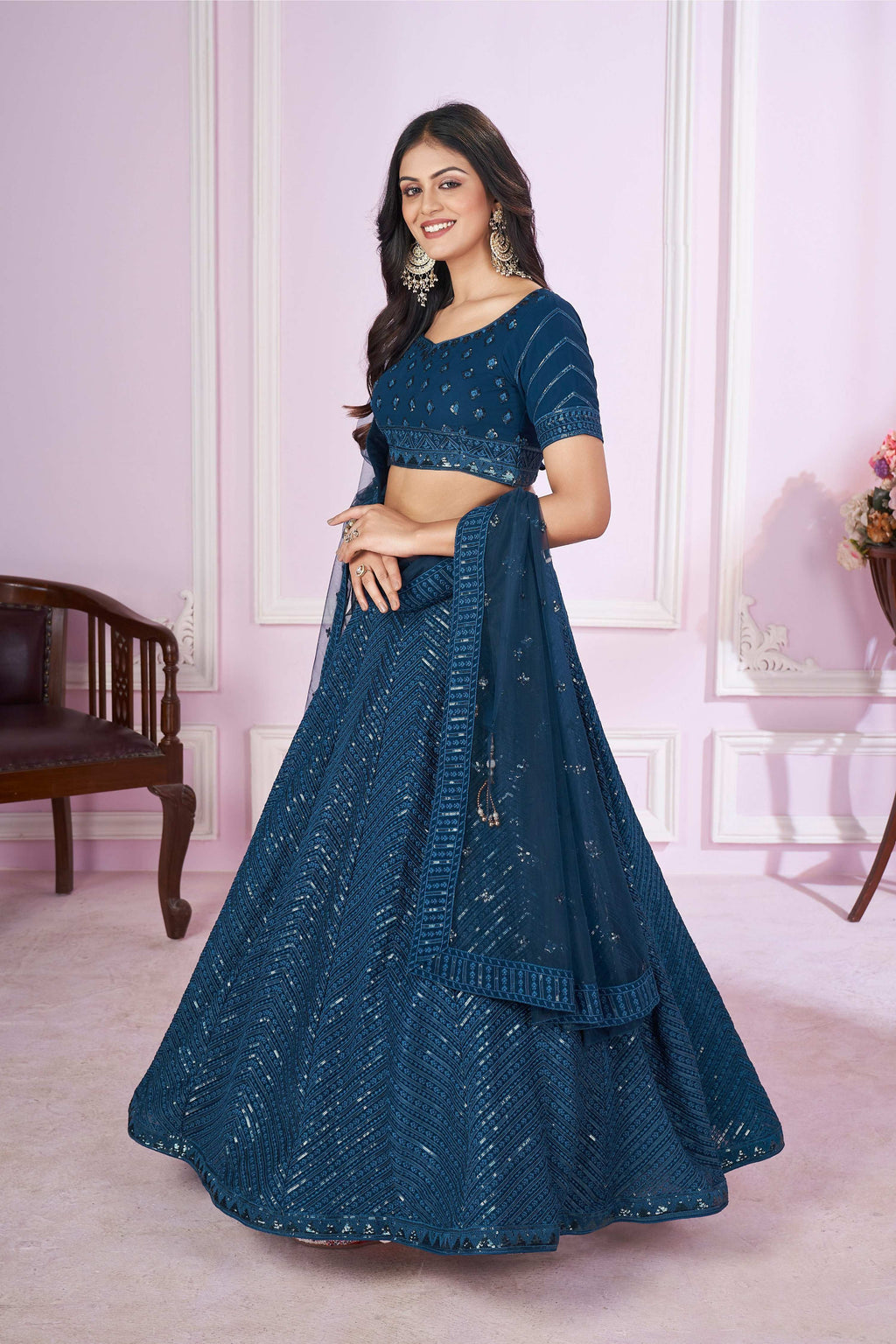 Teal Georgette Sequins Embroidered Lehenga Choli with Dupatta